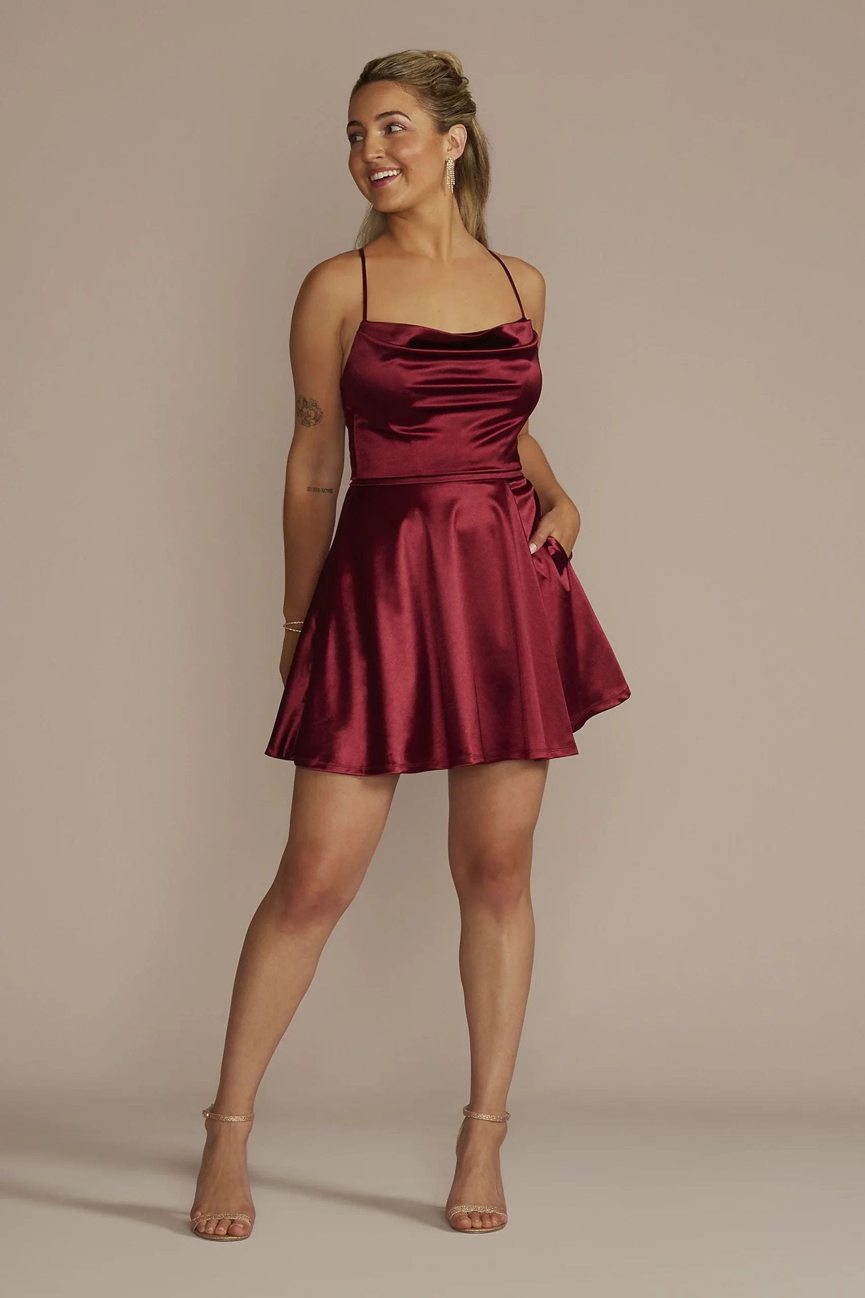 Cowl Neck Short Satin Skater Homecoming Dress