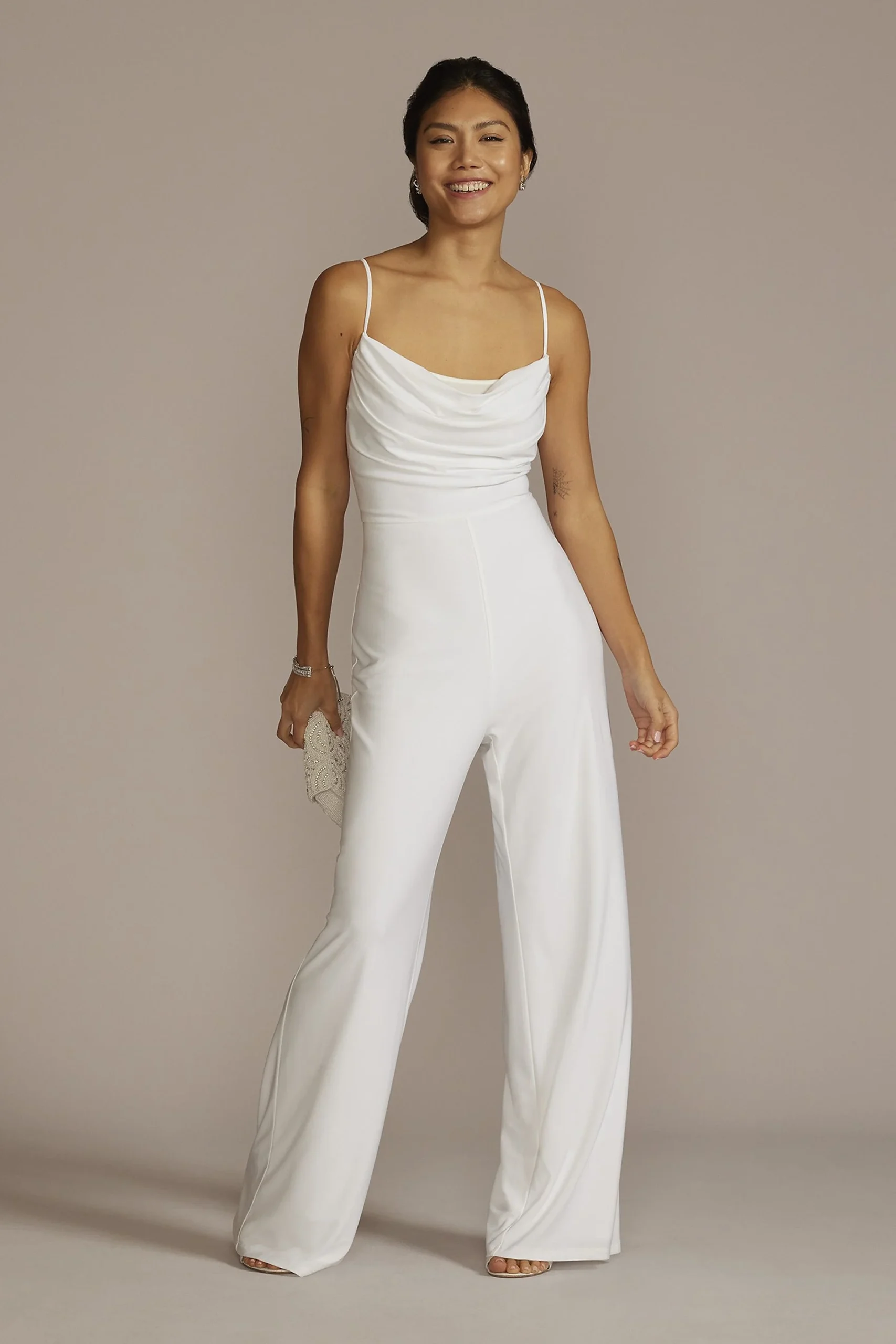 Cowl Neck Spaghetti Strap Jersey Jumpsuit