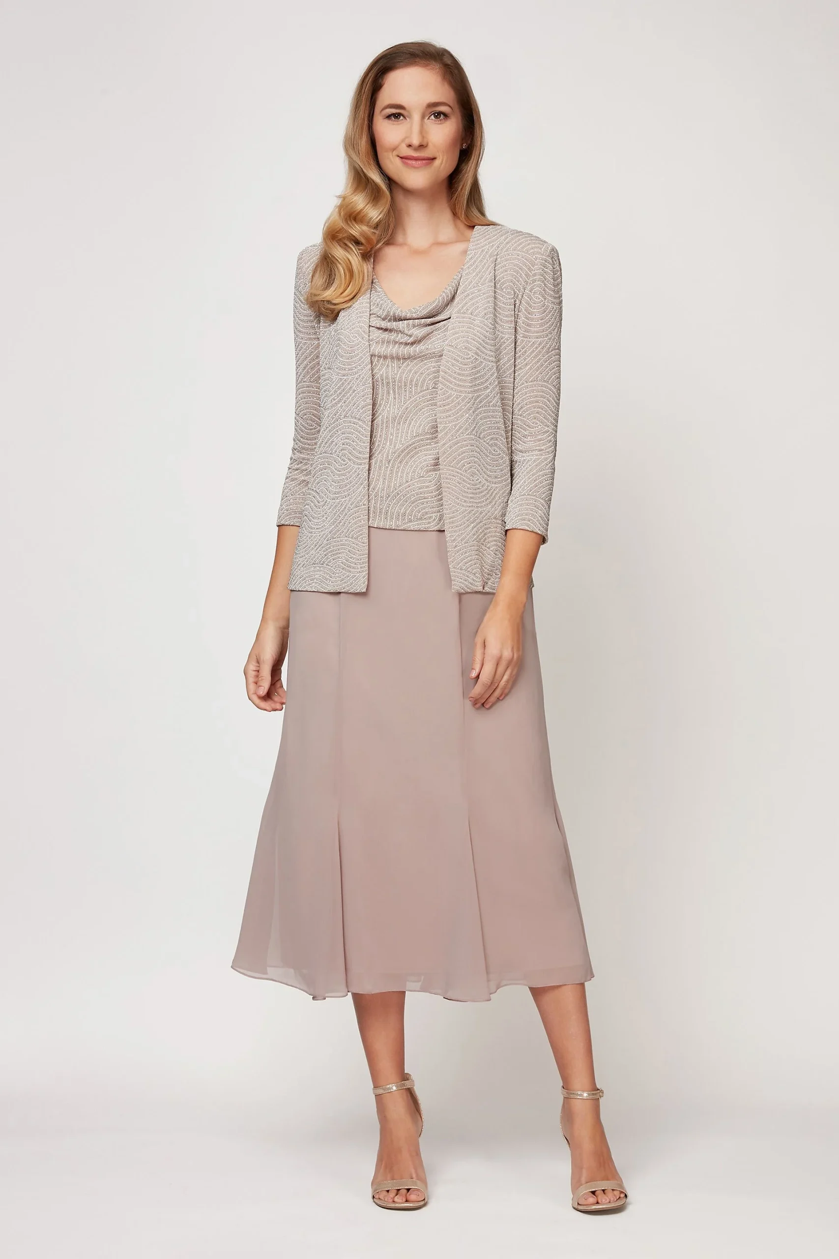 Cowlneck Glitter Print Tea Length Dress and Jacket