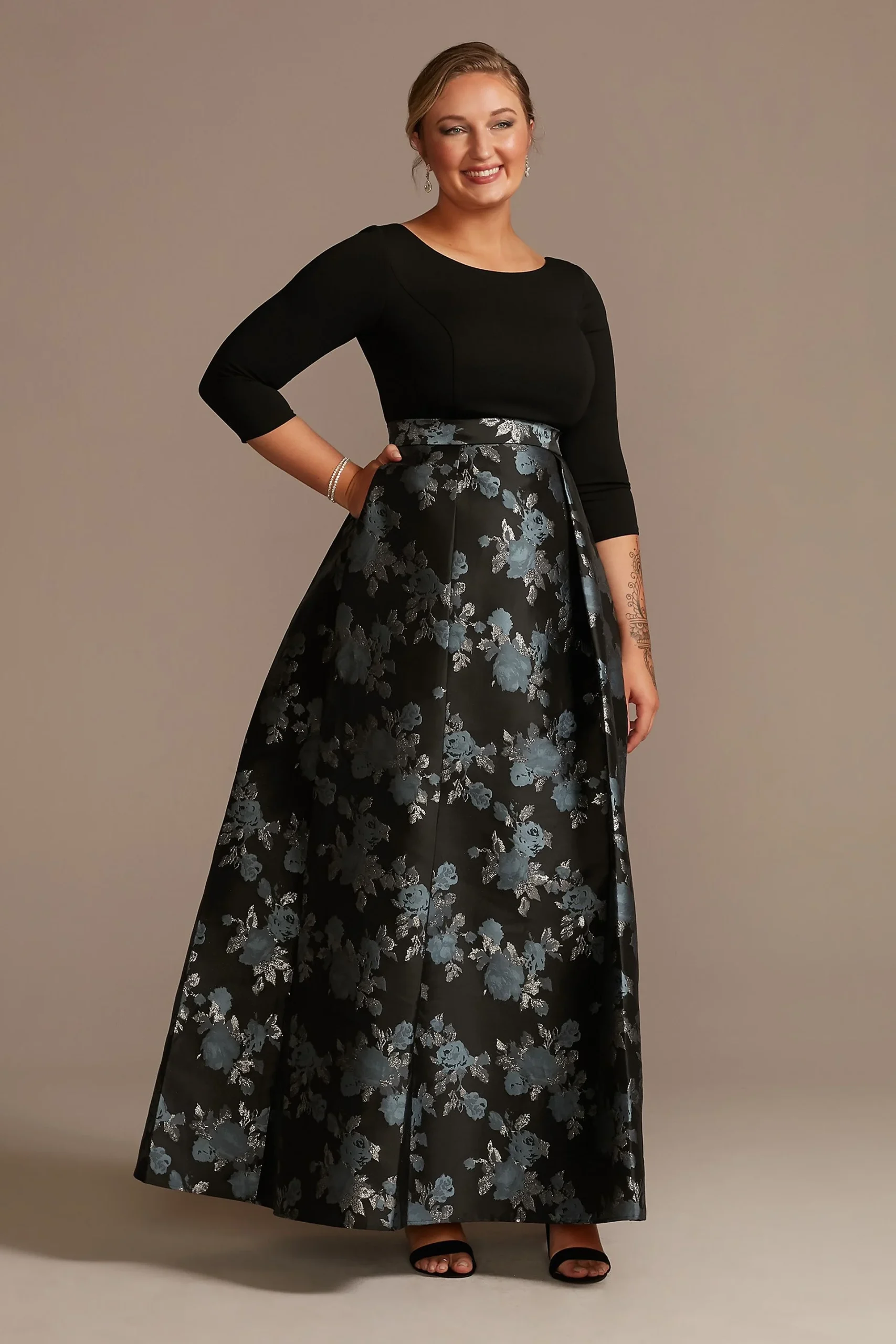 Crepe Ball Gown with Pleated Brocade Skirt