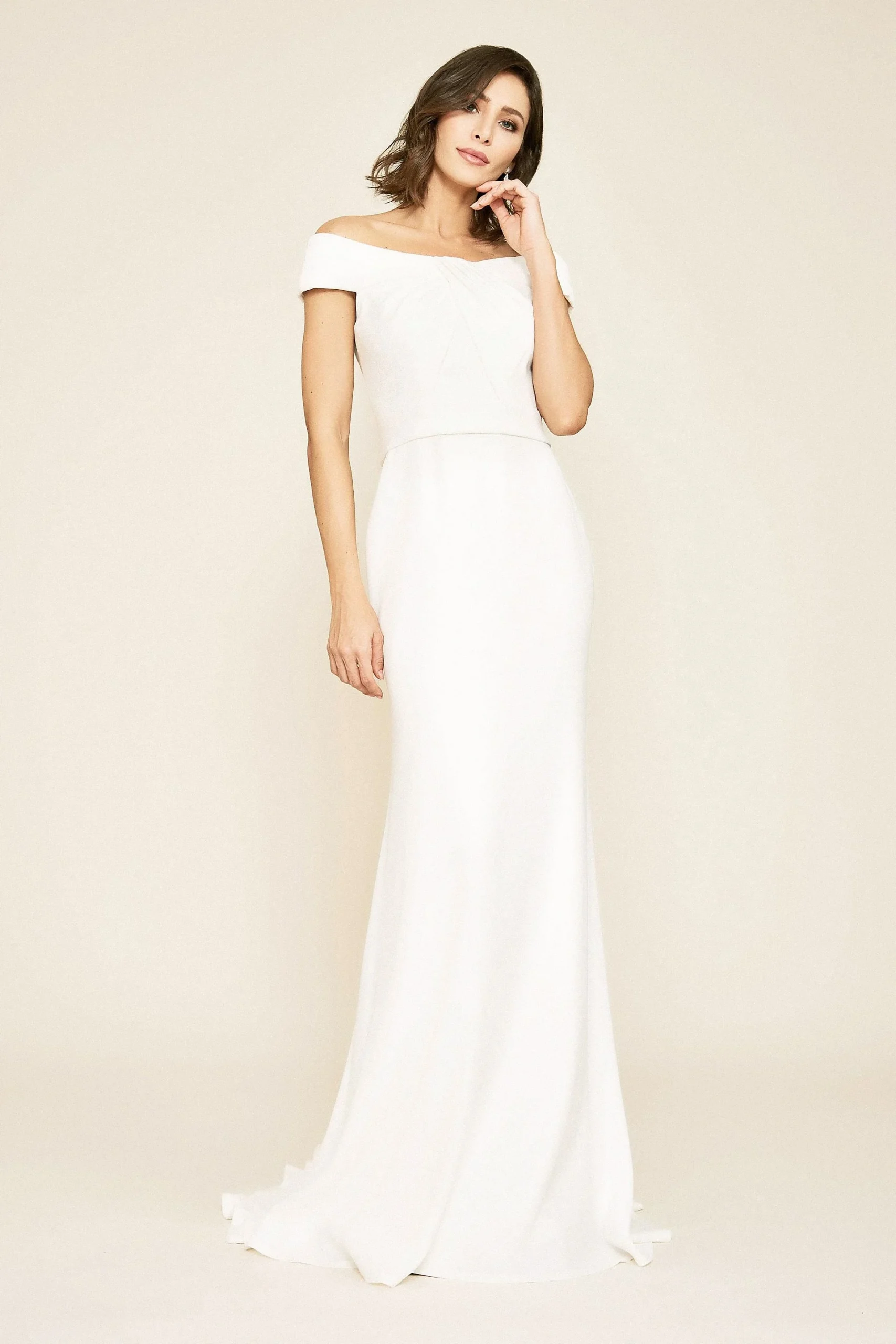 Crepe Off-the-Shoulder Cap Sleeve Wedding Dress