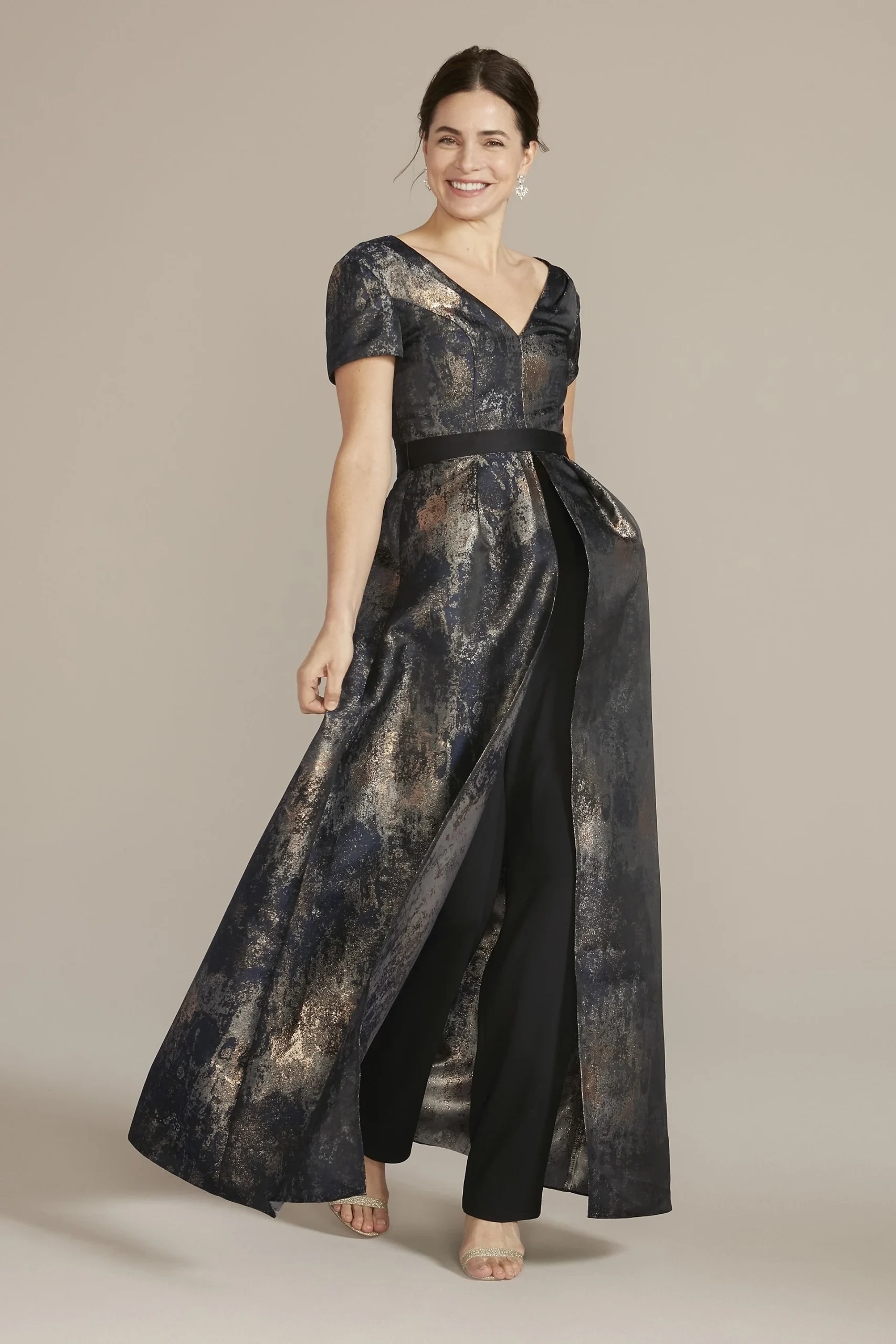 Crepe Pantsuit with Brocade Skirt Overlay