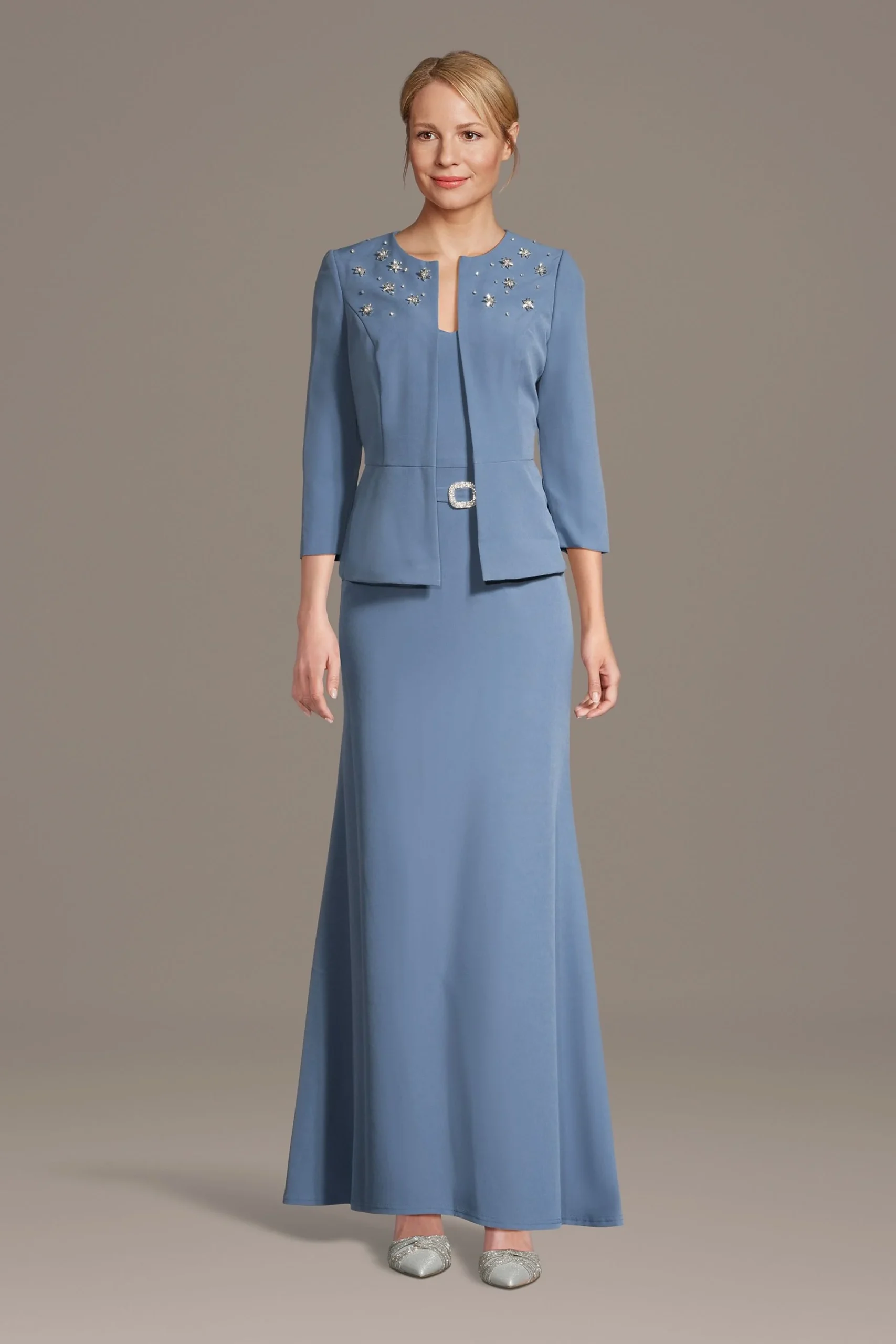 Crepe Peplum Jacket Dress with Jewel Trim