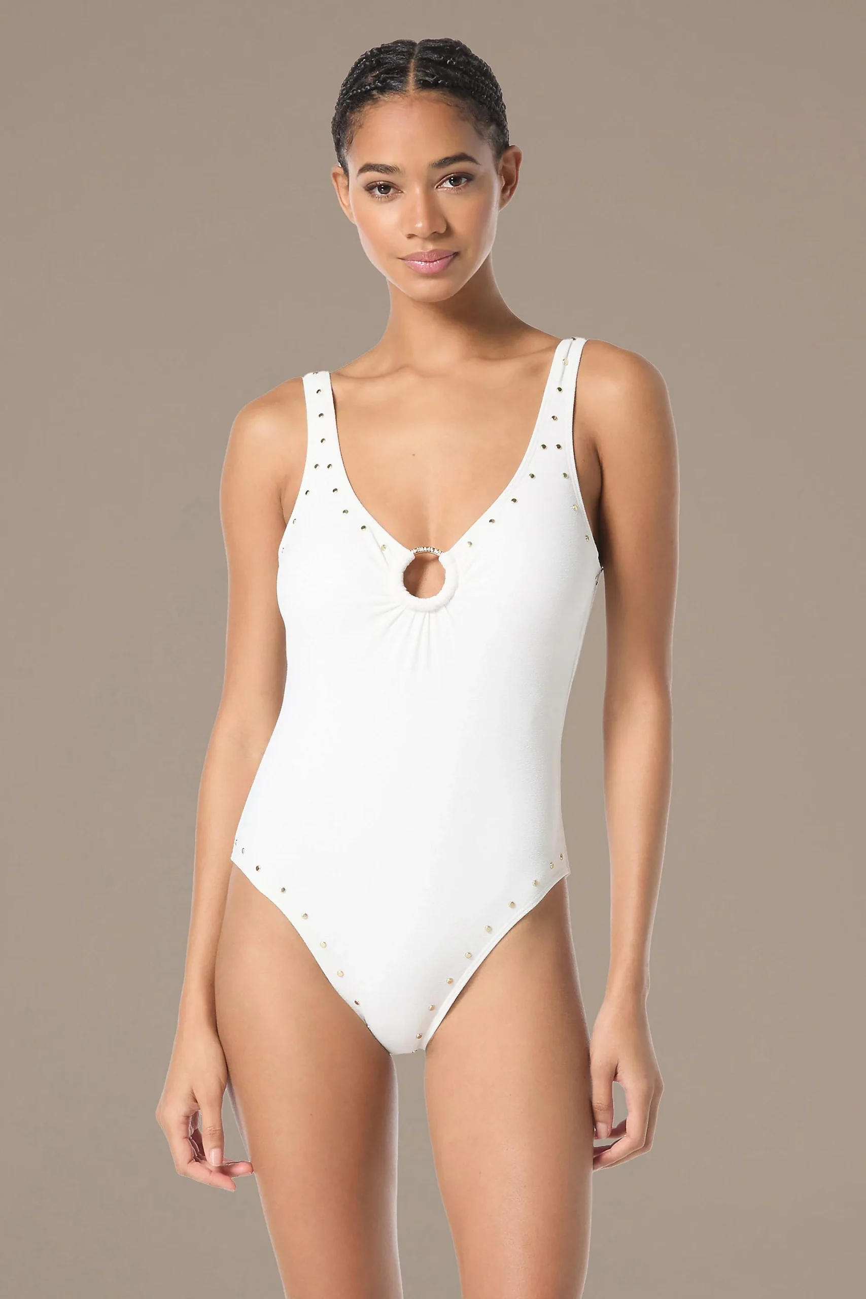 Crepe Ring Scoopneck Studded One-Piece Swimsuit