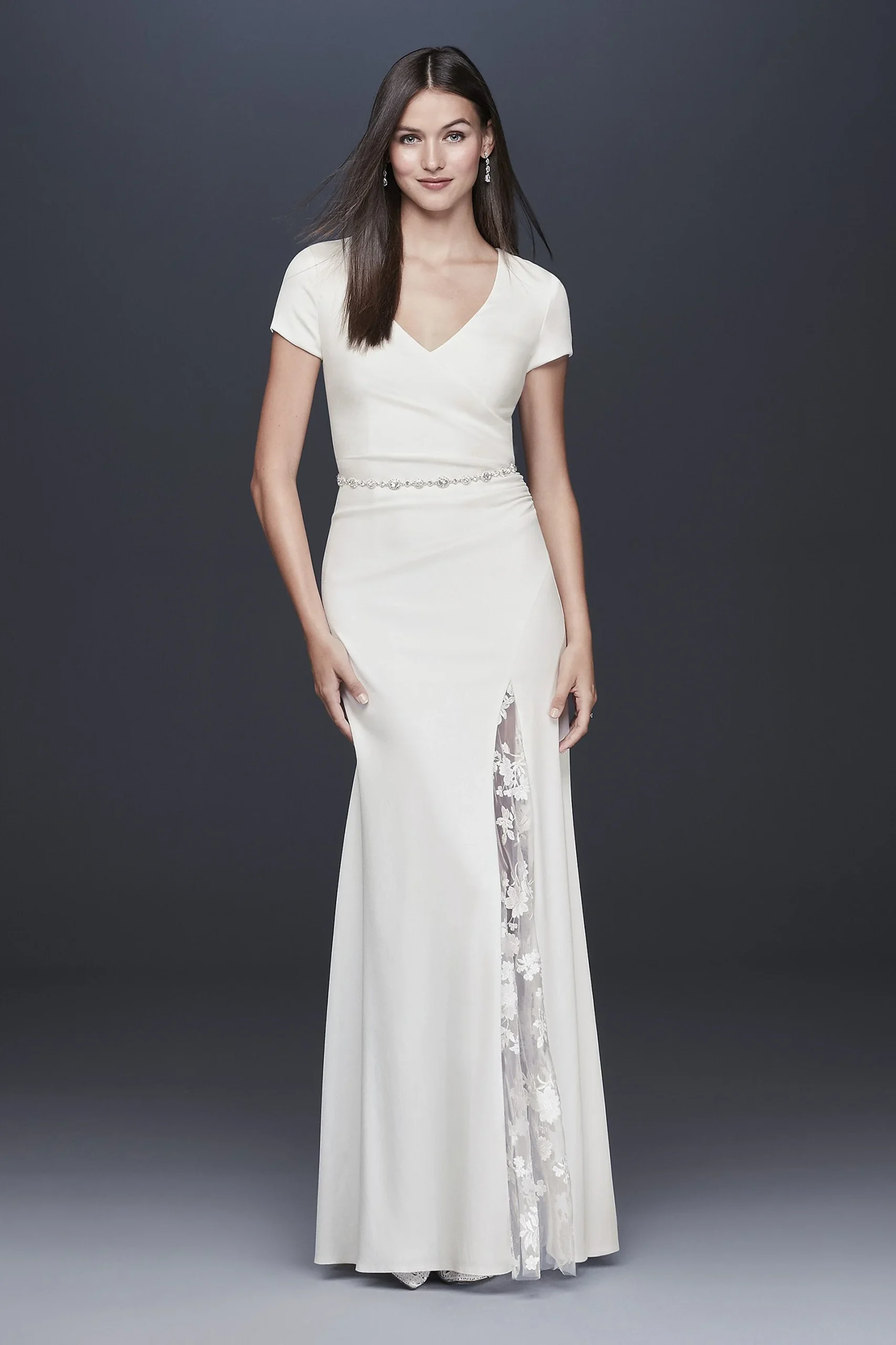 Crepe Sheath Gown with Embroidered Illusion Slit