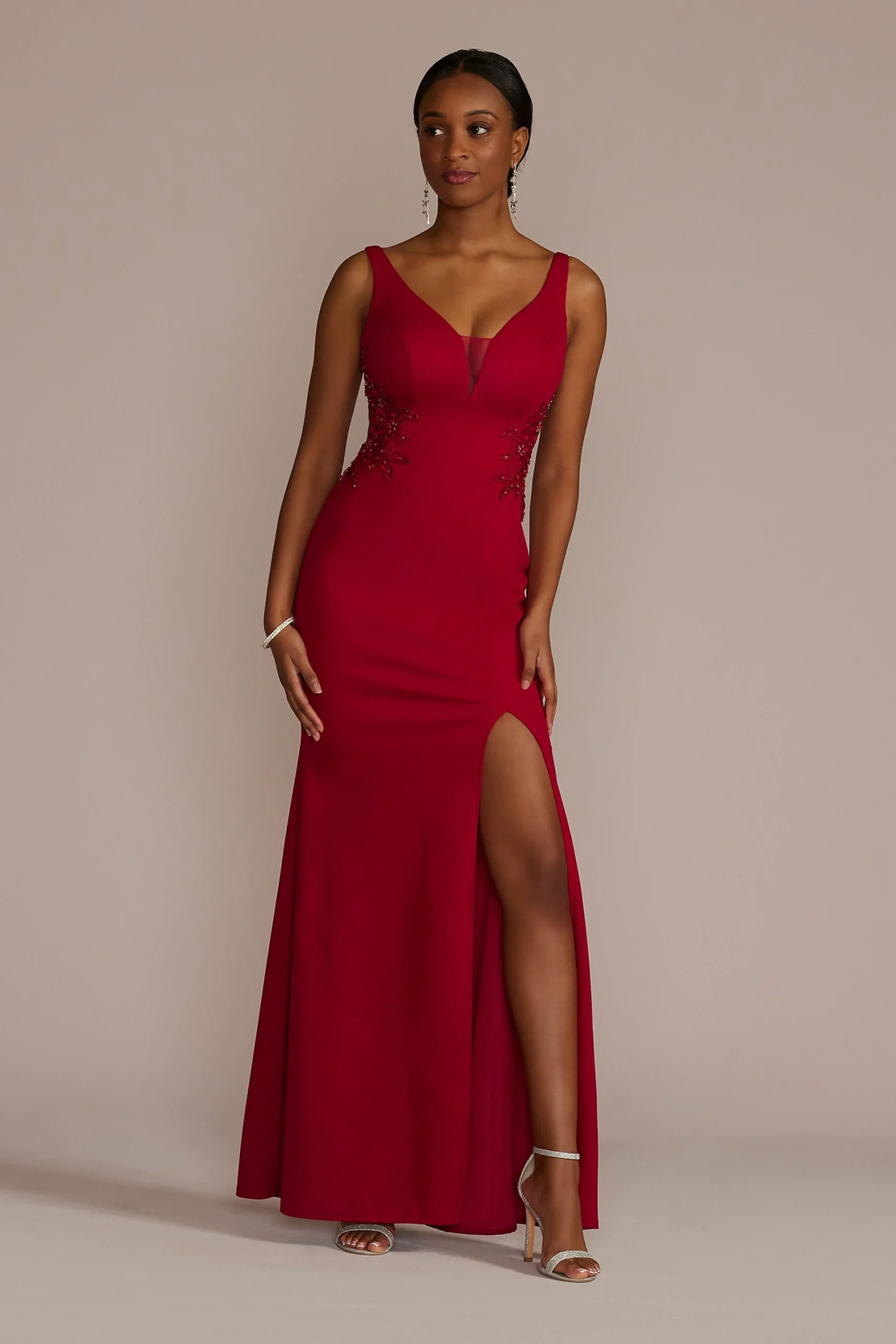 Crepe Sheath Gown with Side Illusion and Slit