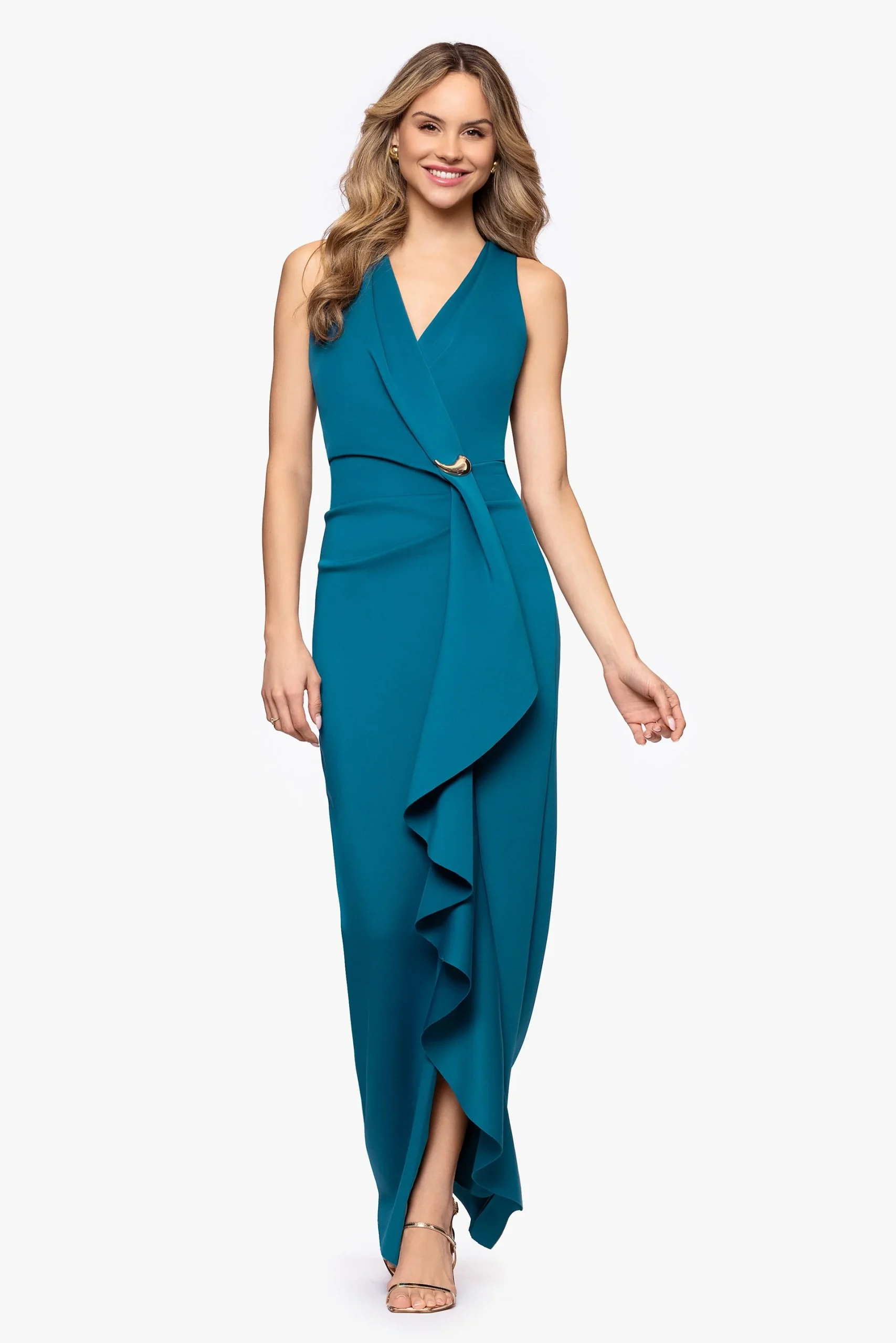 Crepe V-Neck Sheath Dress with Side Cascade