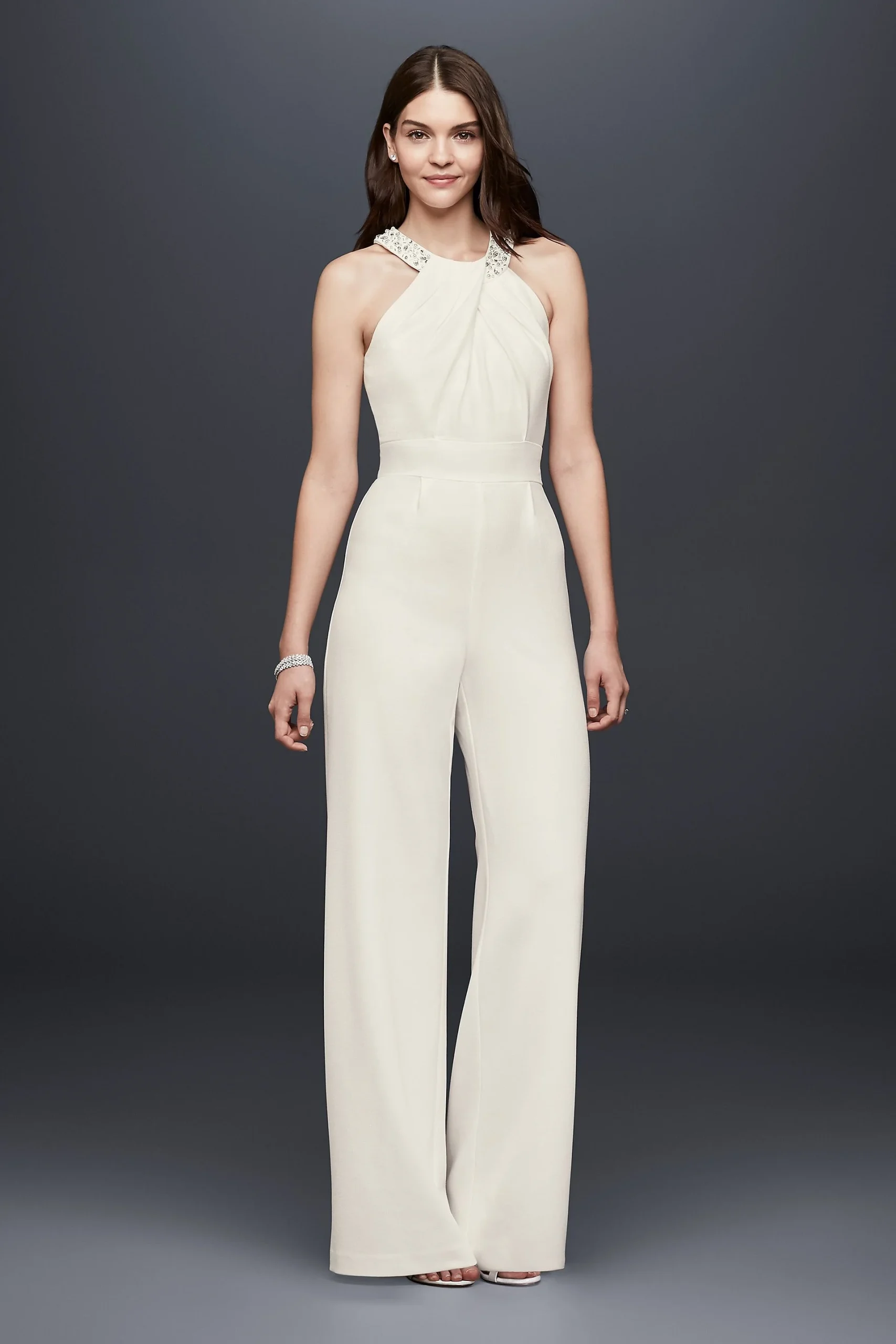 Crepe Wide-Leg Jumpsuit with Crystal Neckline