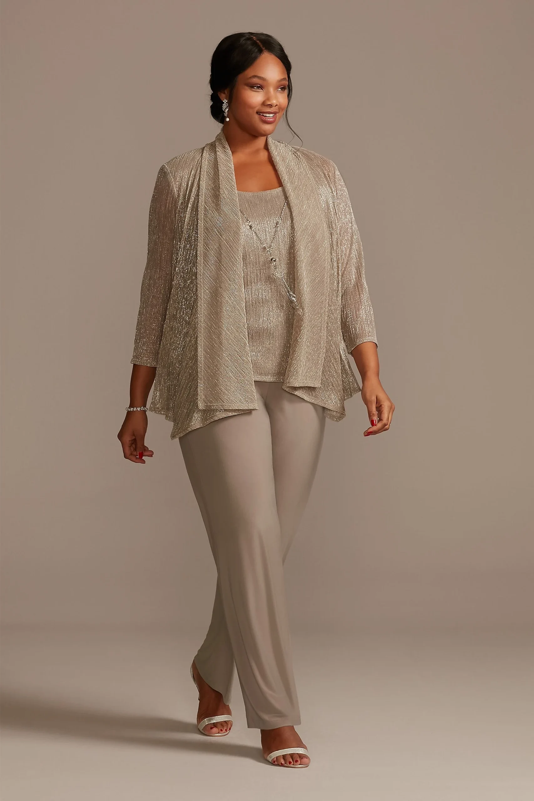 Crinkle Chiffon Metallic Three Piece Pant Suit Set