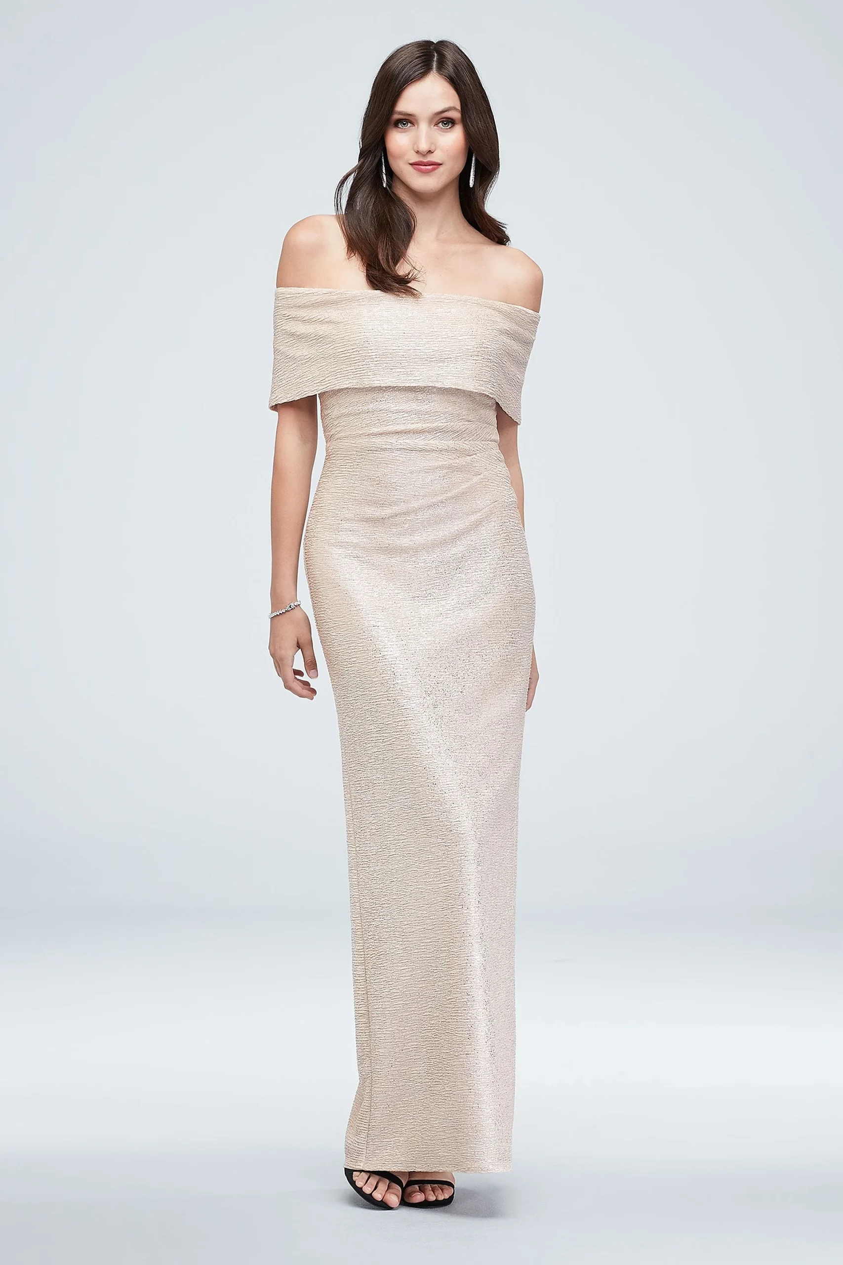 Crinkle Metallic Off-the-Shoulder Ruched Gown