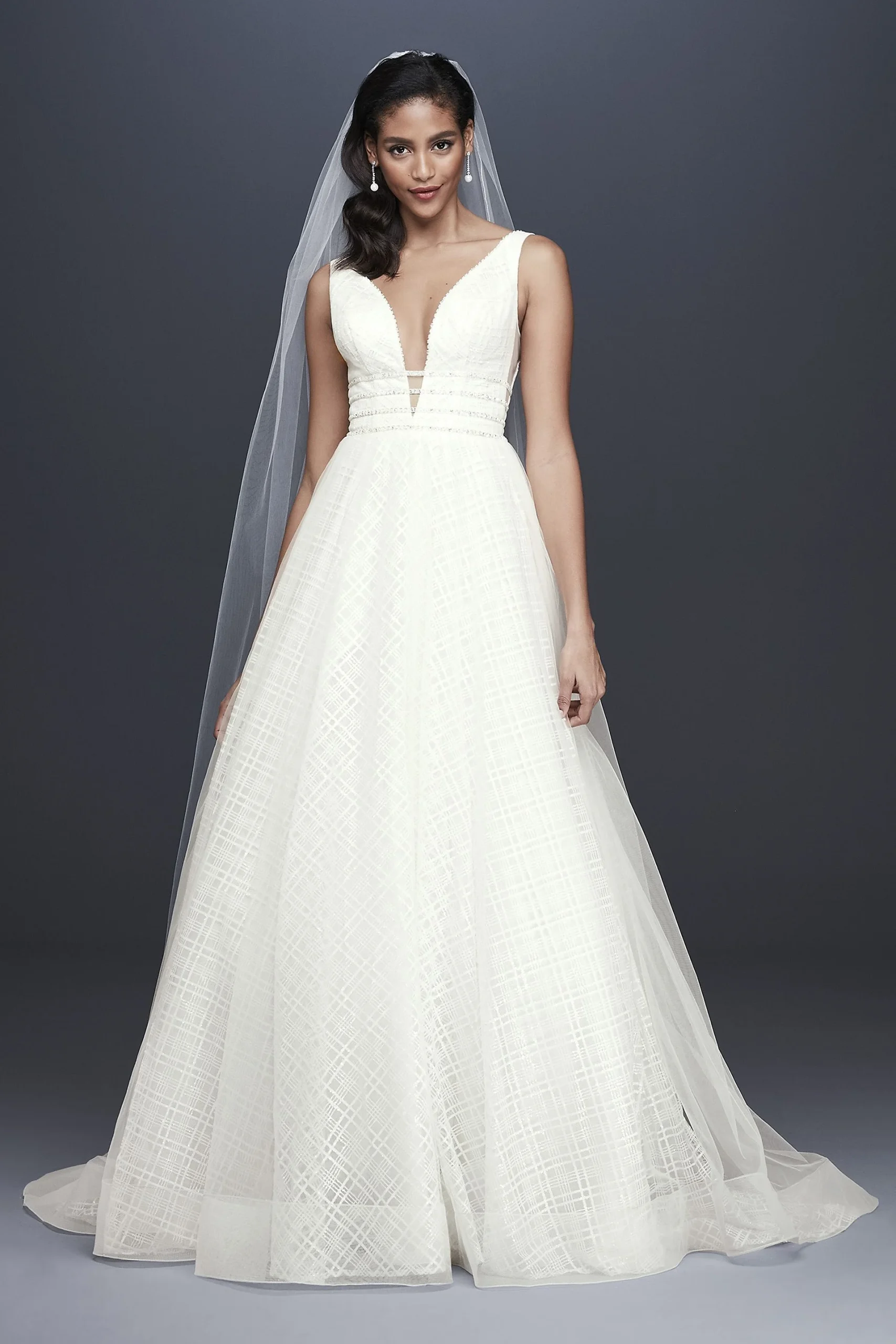 Crosshatch Glitter Tulle Ball Gown Wedding Dress