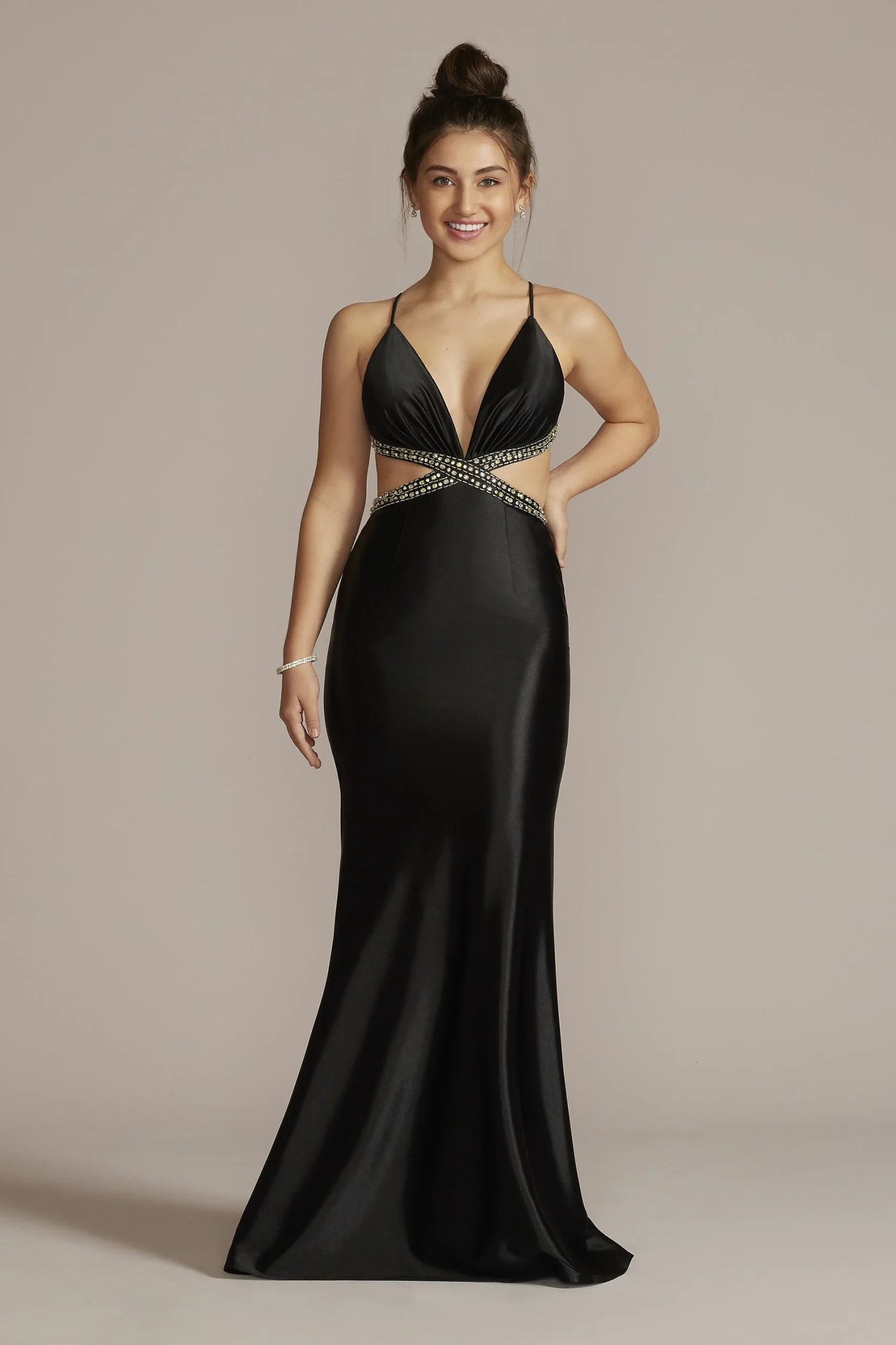 Crystal Beaded Cutout Satin Prom Dress