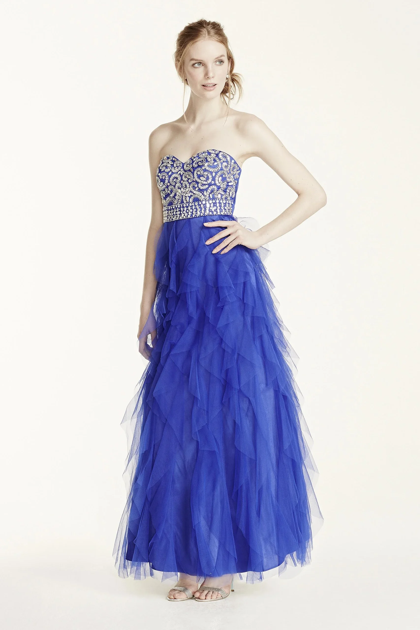 Crystal Encrusted Cascading Ruffle Tulle Dress