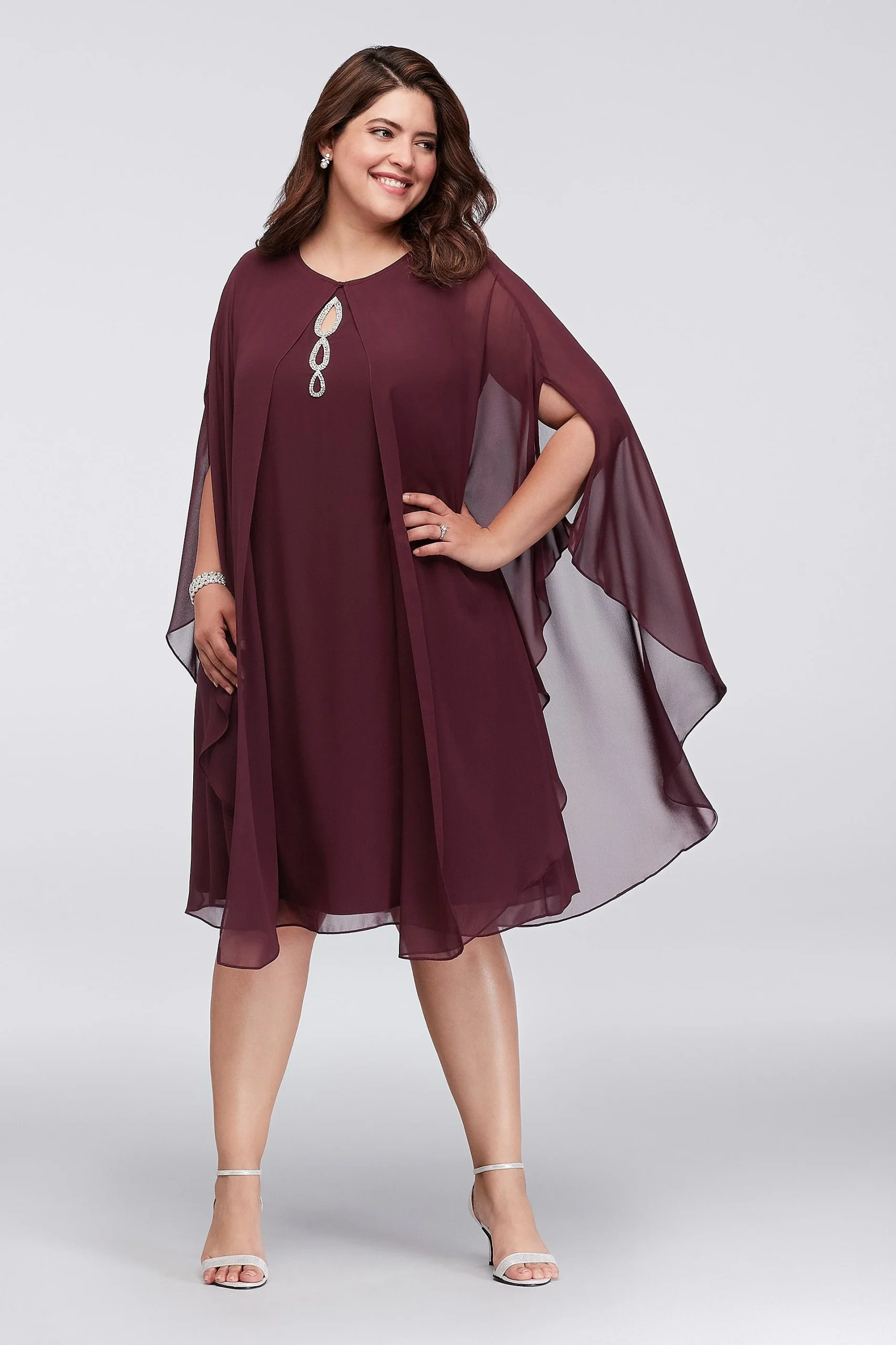 Crystal Keyhole Chiffon Plus Size Dress with Cape