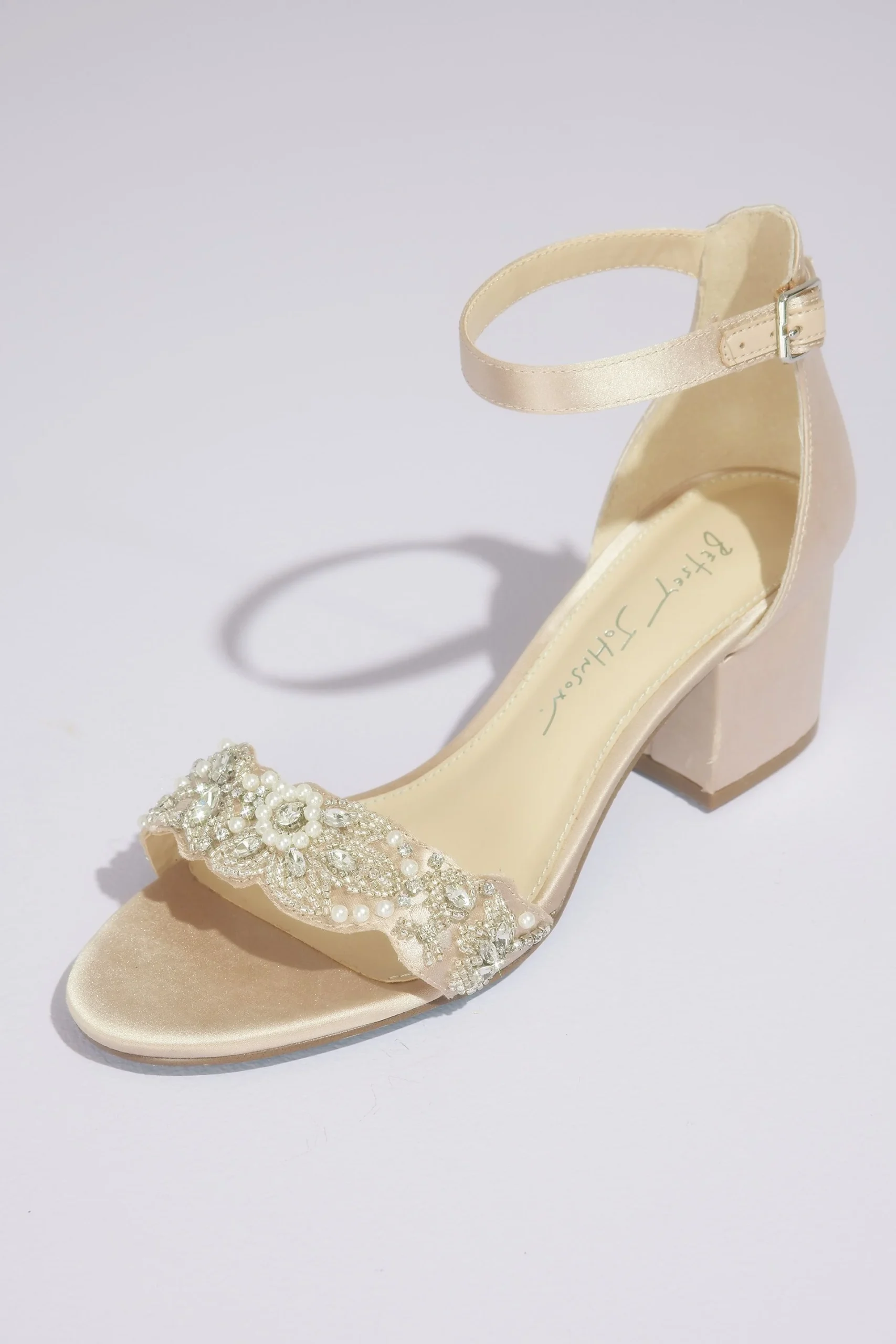 Crystal Strap Satin Block Heel Sandals