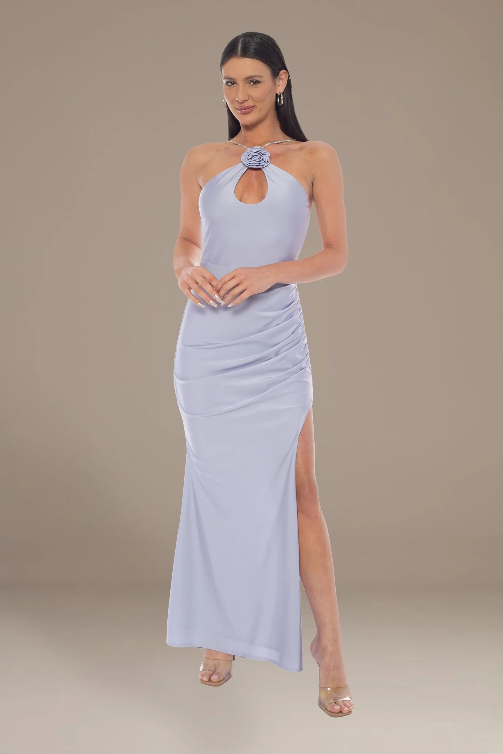 Crystal Strap Sculpting Satin Rosette Sheath Dress