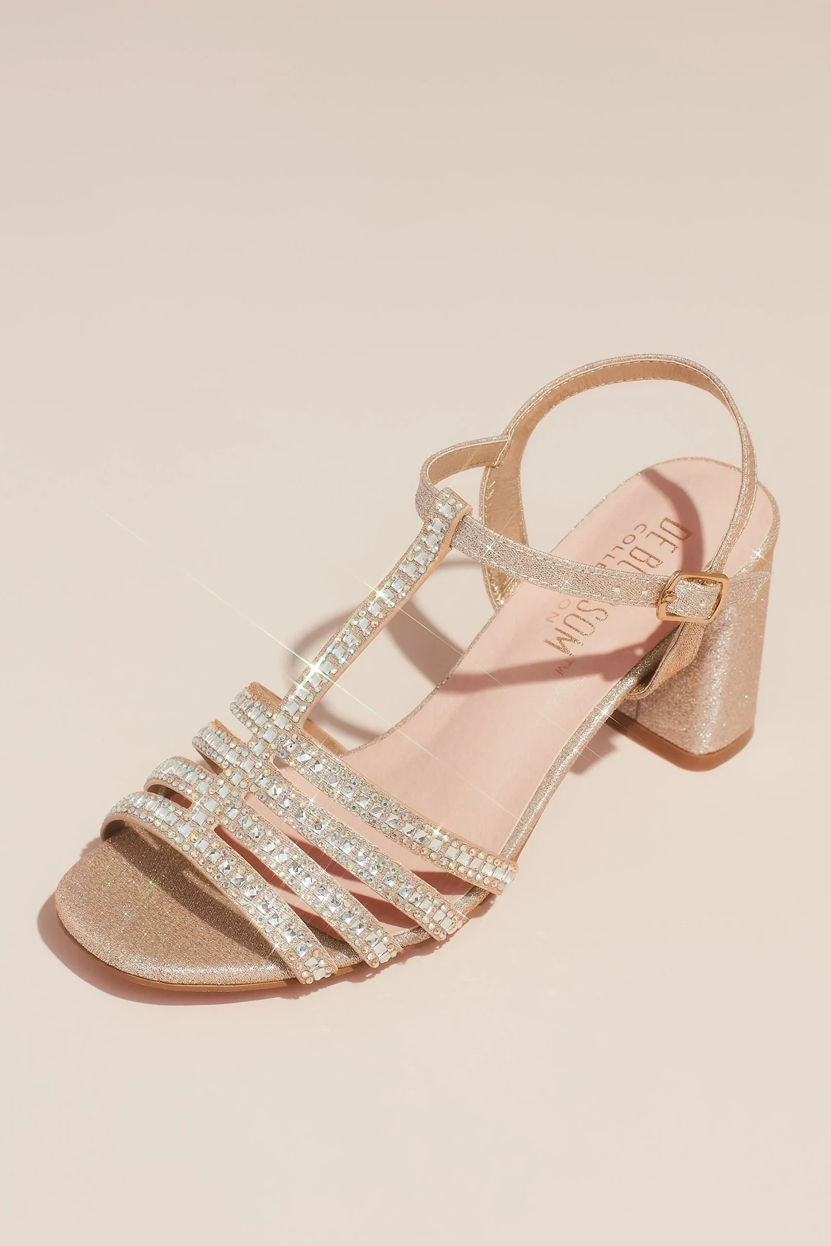 Crystal T-Strap Glitter Block Heel Sandals