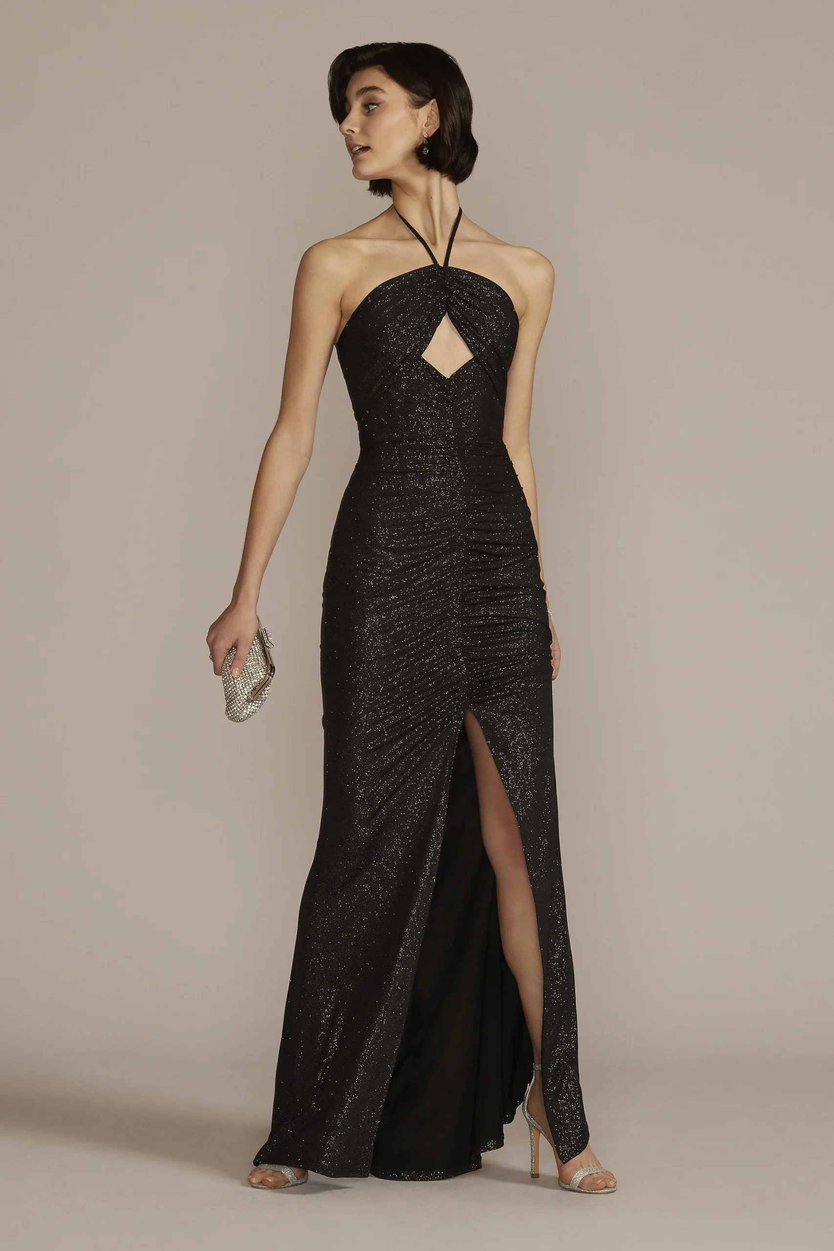 Cutout Glitter Halter Dress with Ruched Skirt