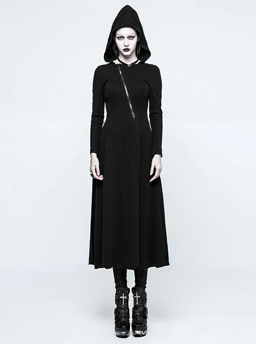 Cyberpunk Black Long Sleeve Hooded Backless Gothic Handsome Long Dress