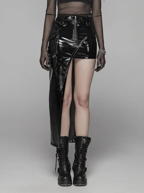 D-Buckle Side Pocket Metal Ring Strap Asymmetric Hem Black Punk PU Leather Skirt