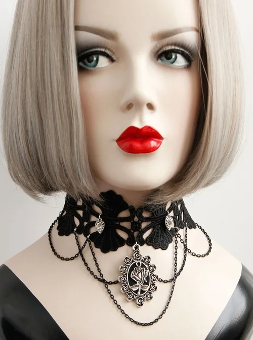 Dark Gothic Retro Love Heart Chain Black Lace Rose Choker