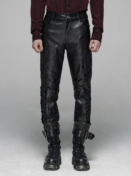 Dark Grain PU Leather Skull Buckle Side Lace-Up Black Punk Pants