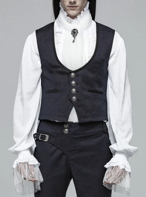 Dark Jacquard Front Metal Retro Button Back Waist Leather Hasp Grey Gothic Vest