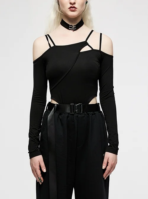 Dark Sexy Irregular Hollow Out Design Personalized Tailoring Black Long-Sleeve Suspenders Jumpsuit