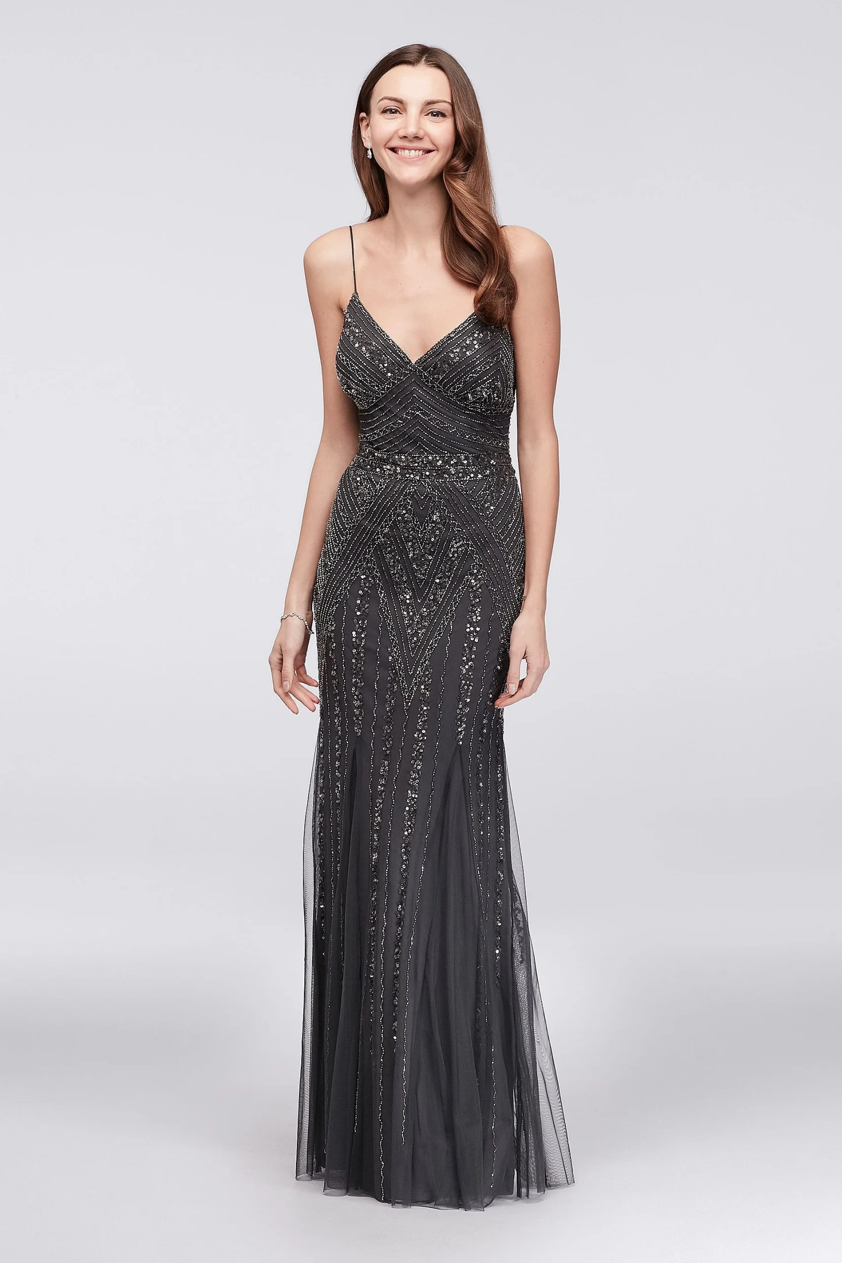 Deco Beaded Mesh A-Line Gown with Godet Skirt