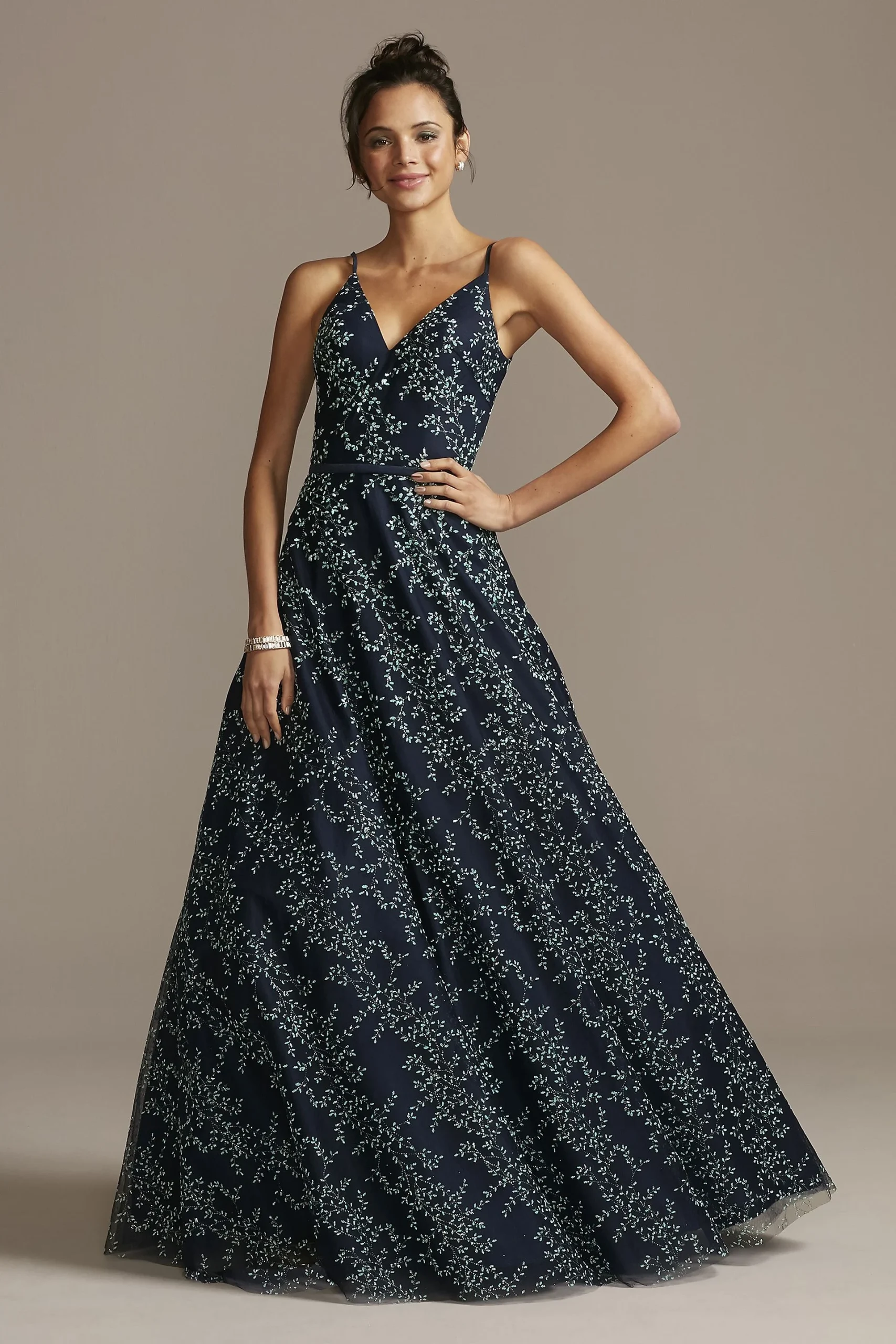 Deep-V Back Ball Gown with Embellished Leaves