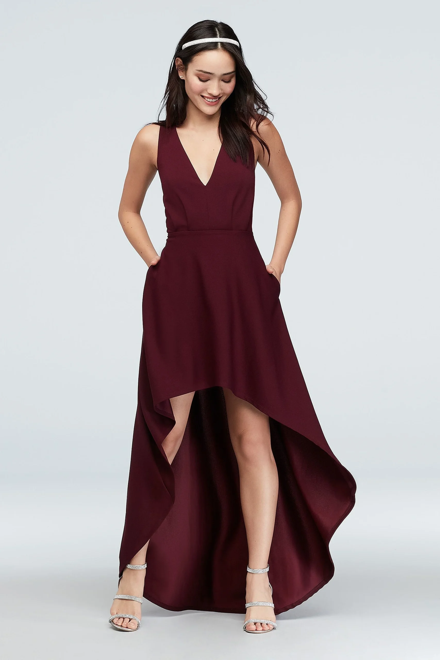 Deep-V High-Low Dress with Embellished Sides