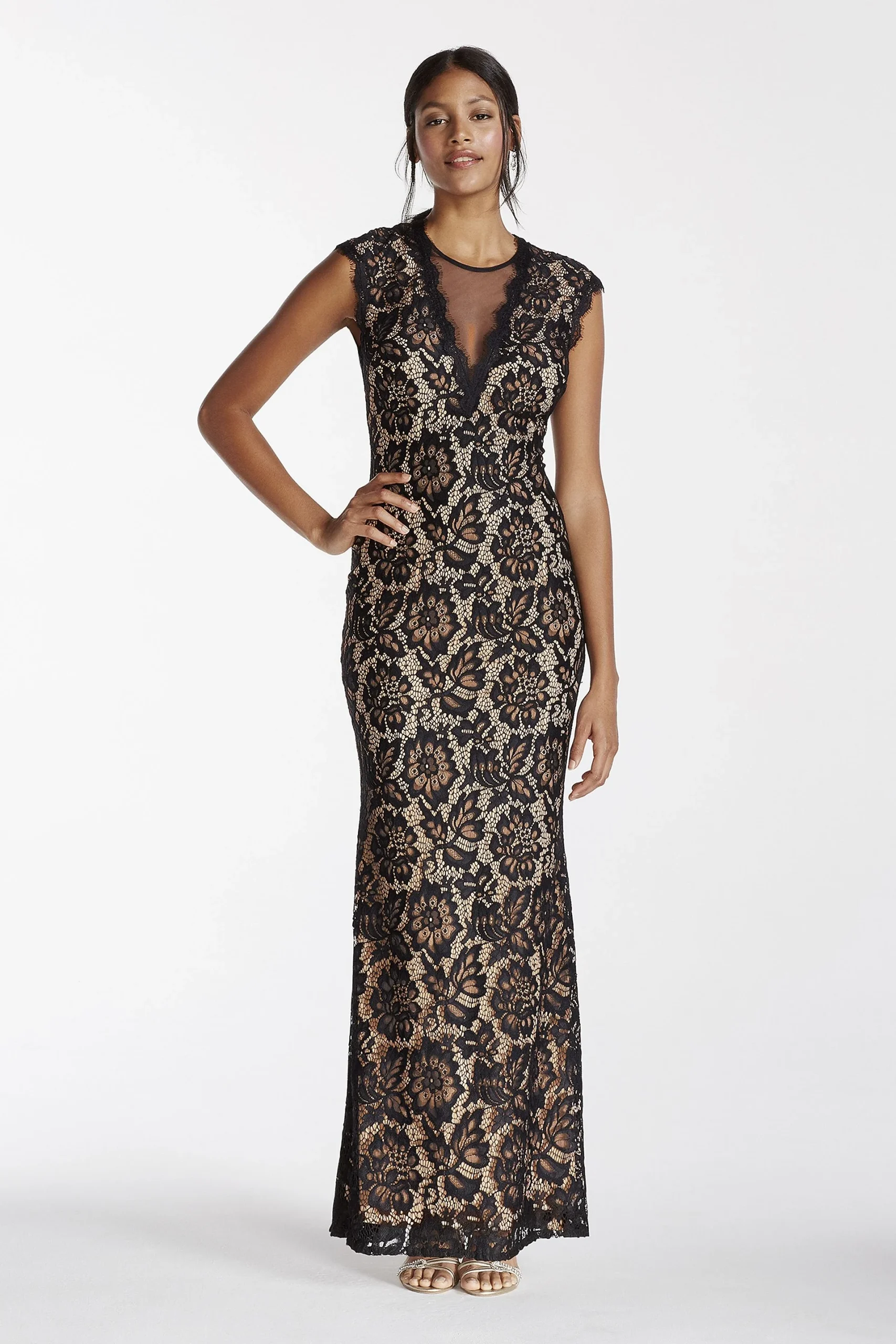 Deep-V Illusion Neckline Lace Evening Dress