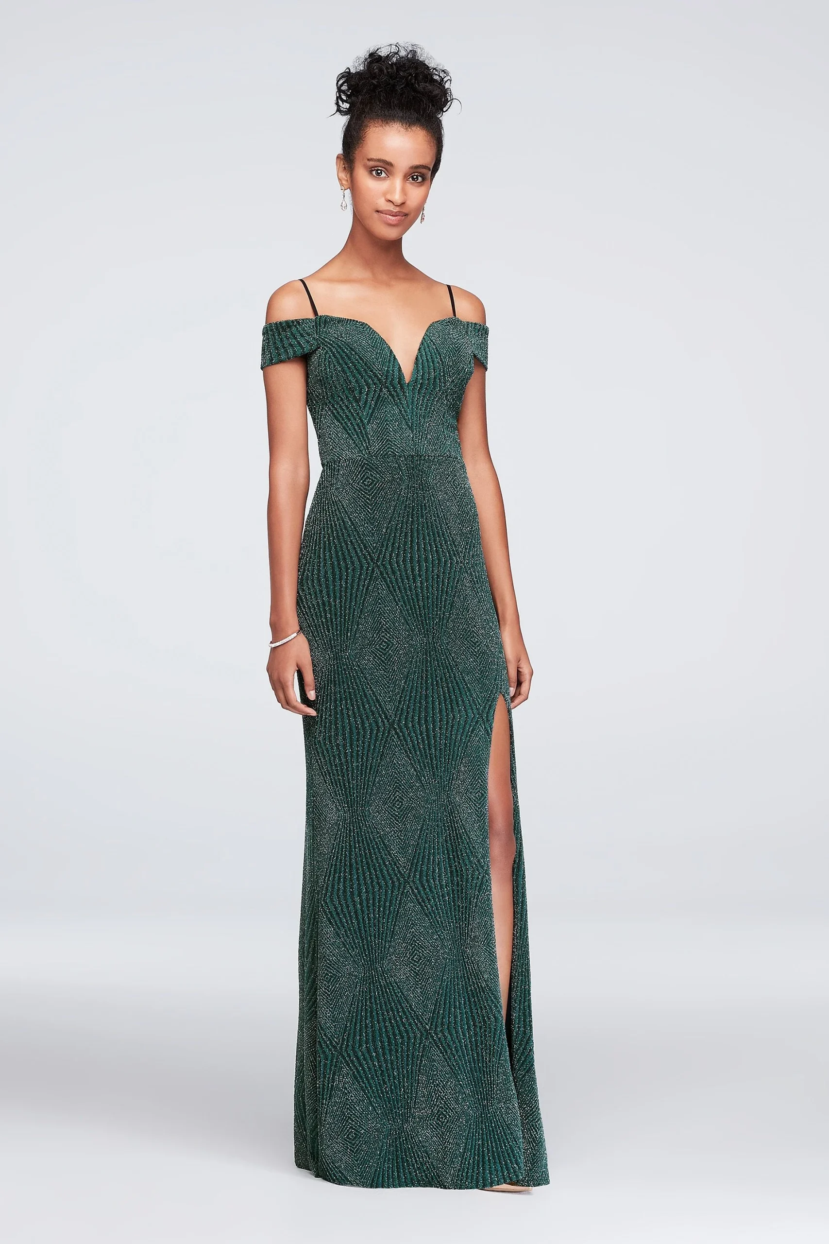 Deep V-Neck Cold Shoulder Glitter Sheath Gown