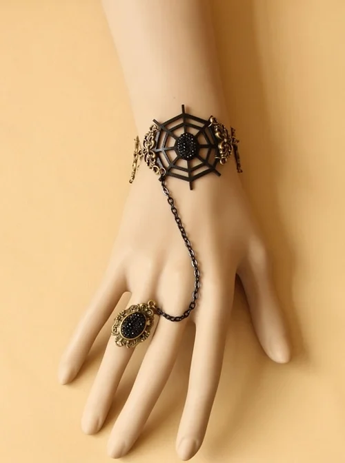 Demon Retro Cobweb Gothic Black Creative Gems Bracelet Ring Set