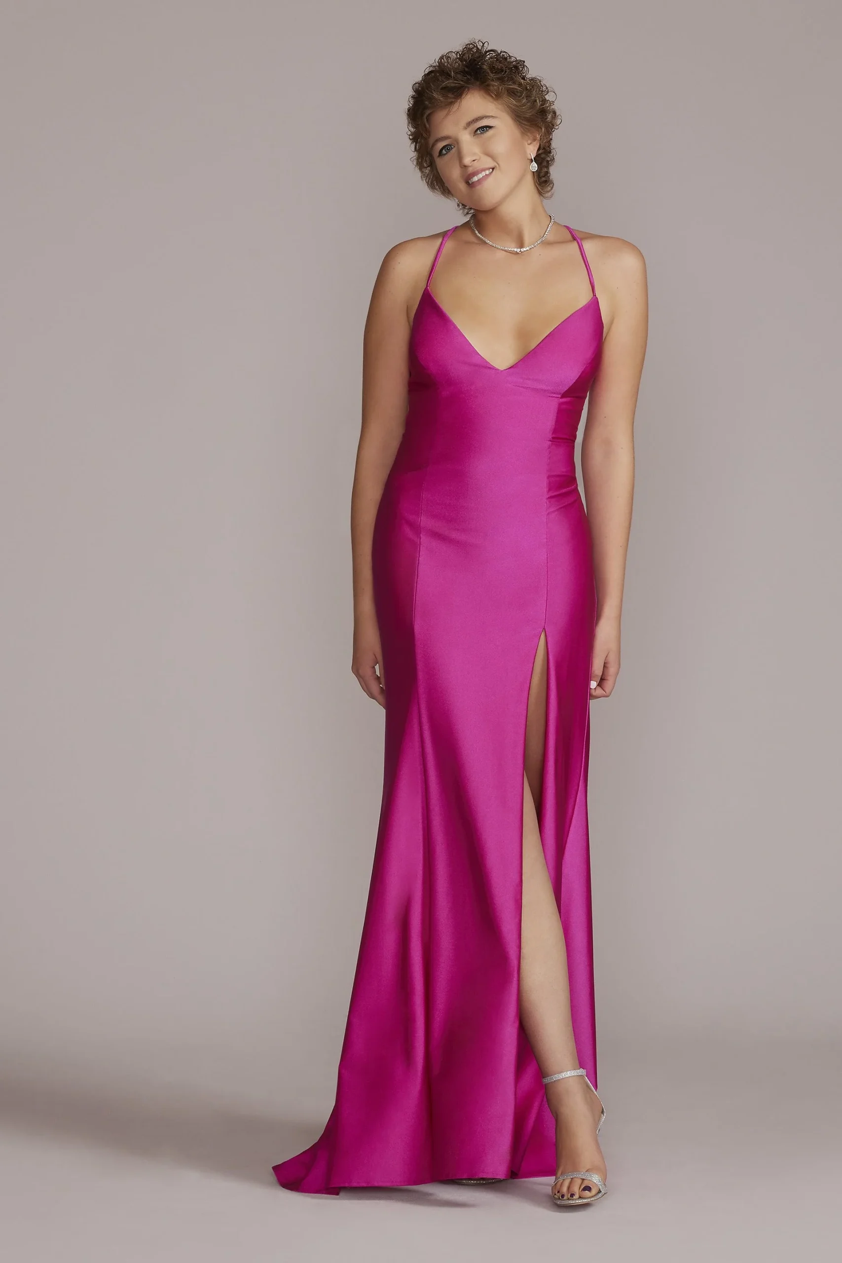 Double Strap Plunging Sheath Prom Gown