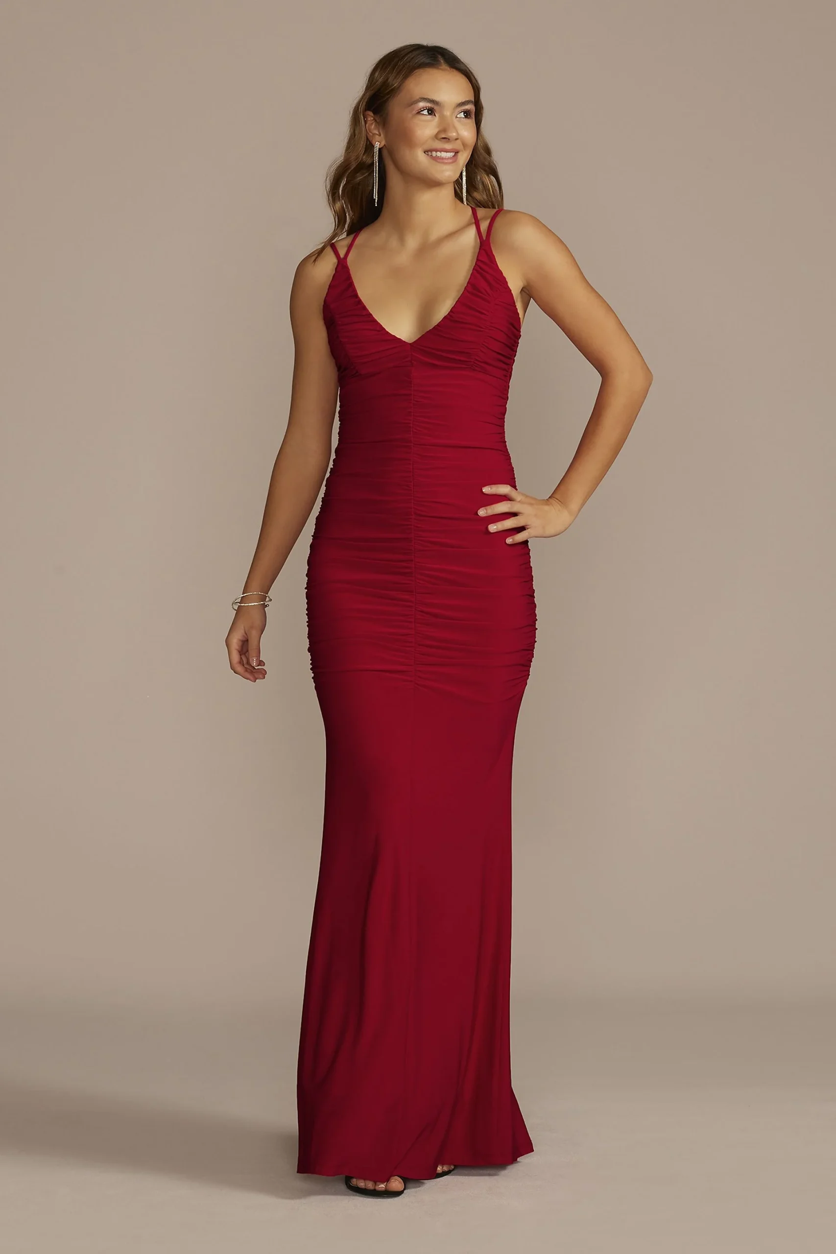 Double Strap Ruched V-Neck Sheath