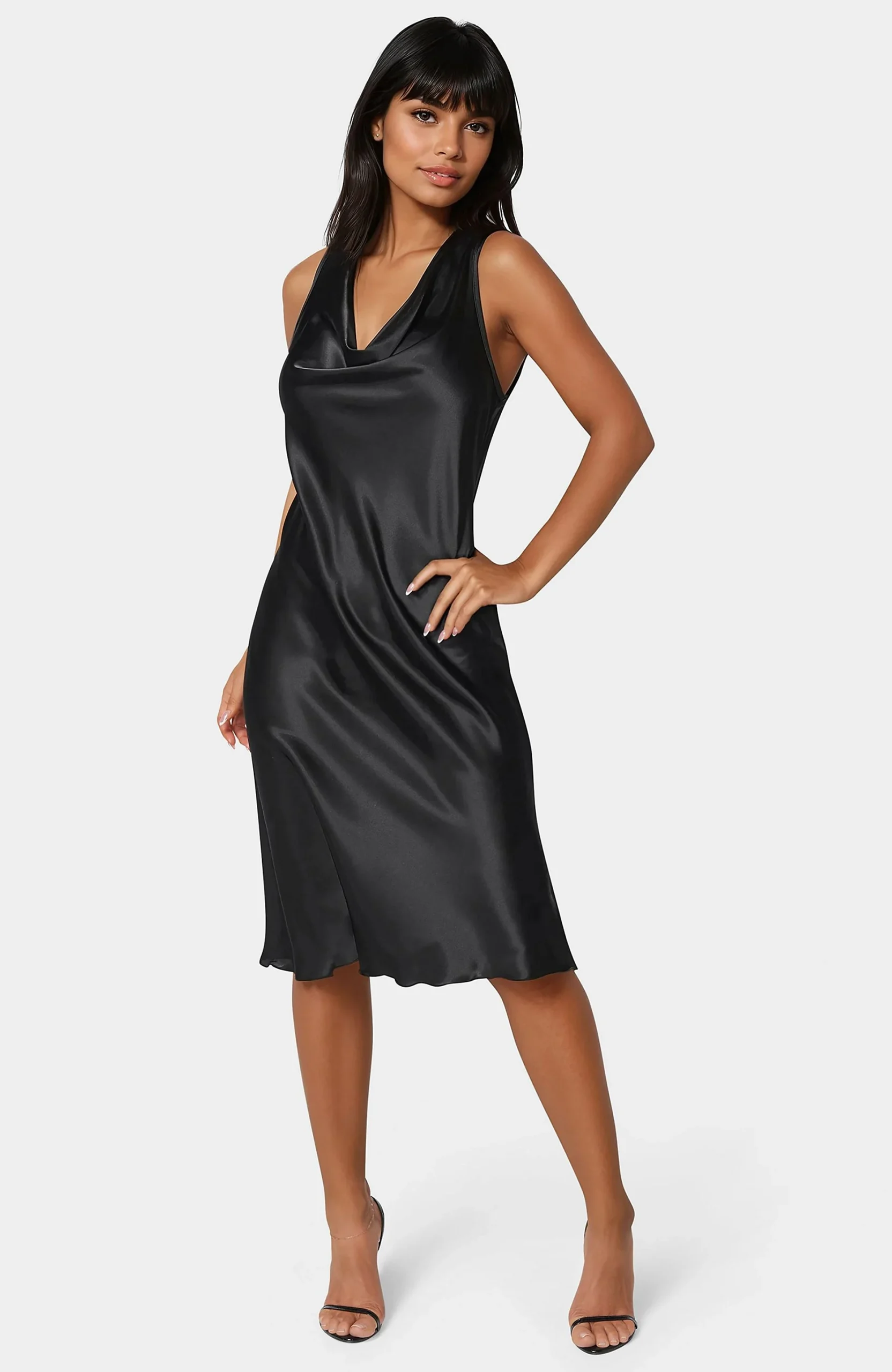 Drape Front Sleeveless Satin Midi Dress