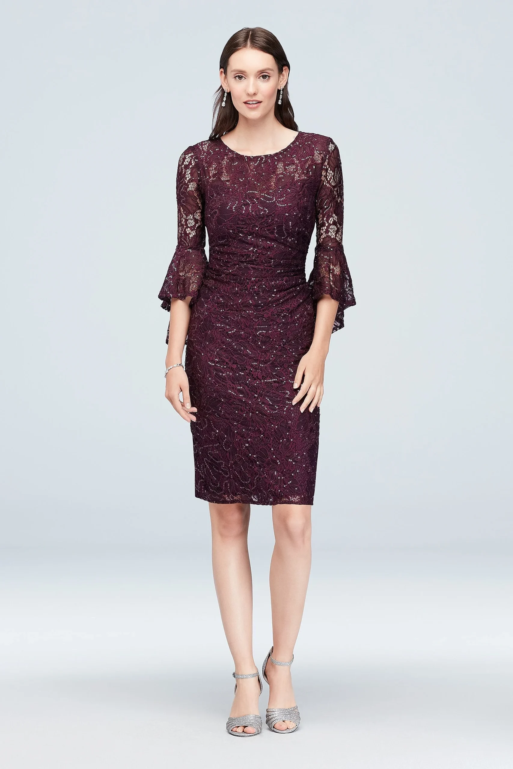 Draped Bell Sleeve Glitter Lace Cocktail Dress