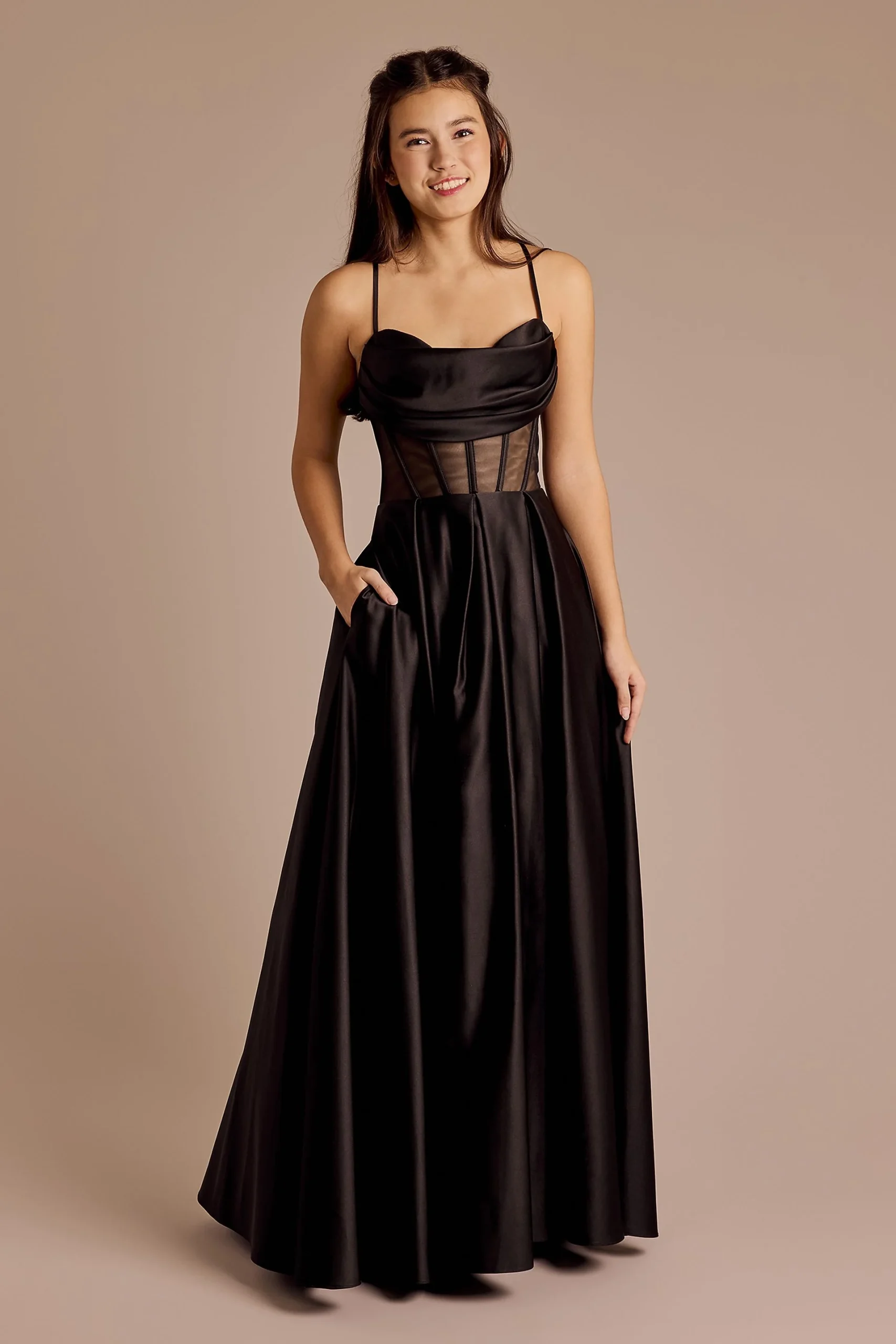 Draped Cowl Sheer Corset Satin Ball Gown