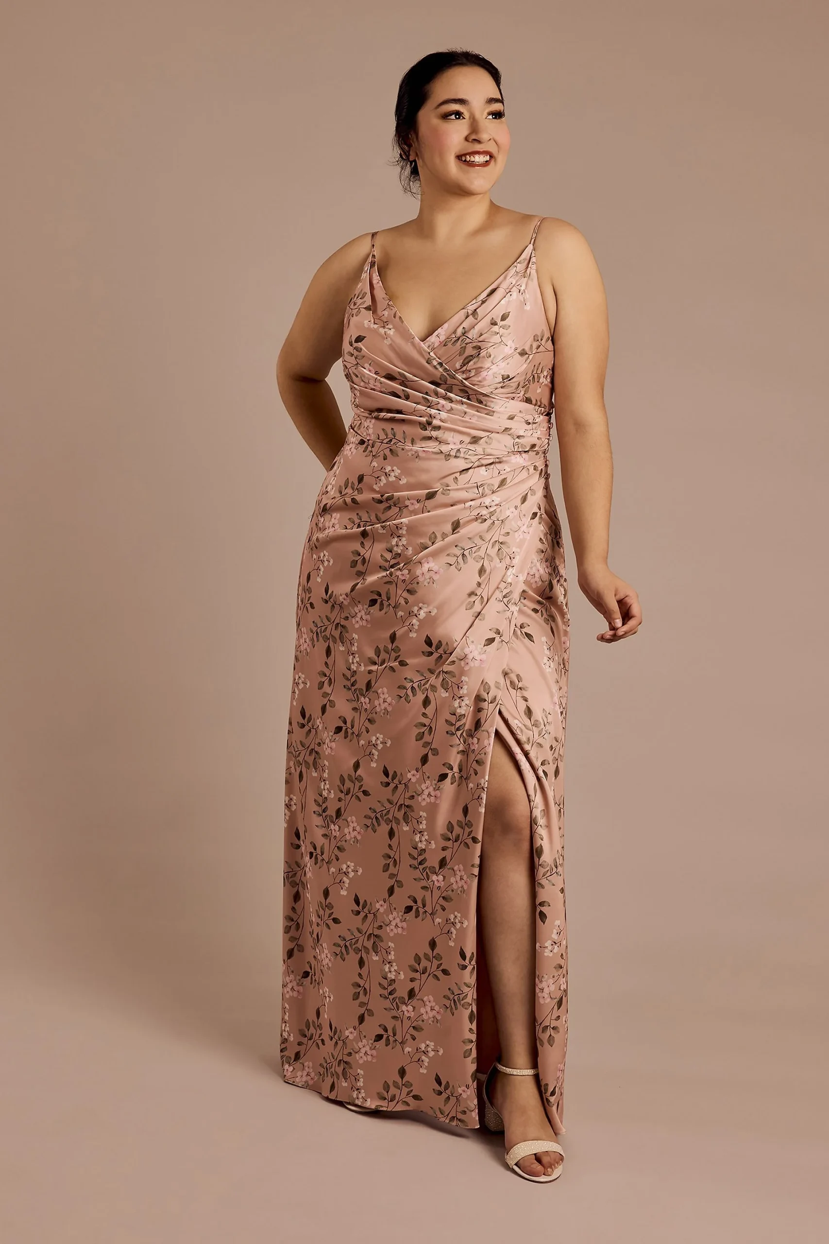 Draped Floral Charmeuse Strappy Bridesmaid Dress