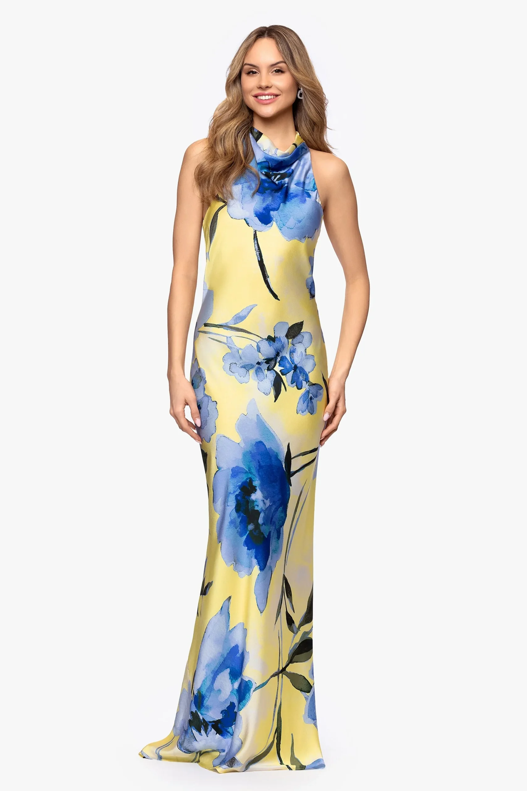Draped Floral Print Charmeuse High Neck Dress