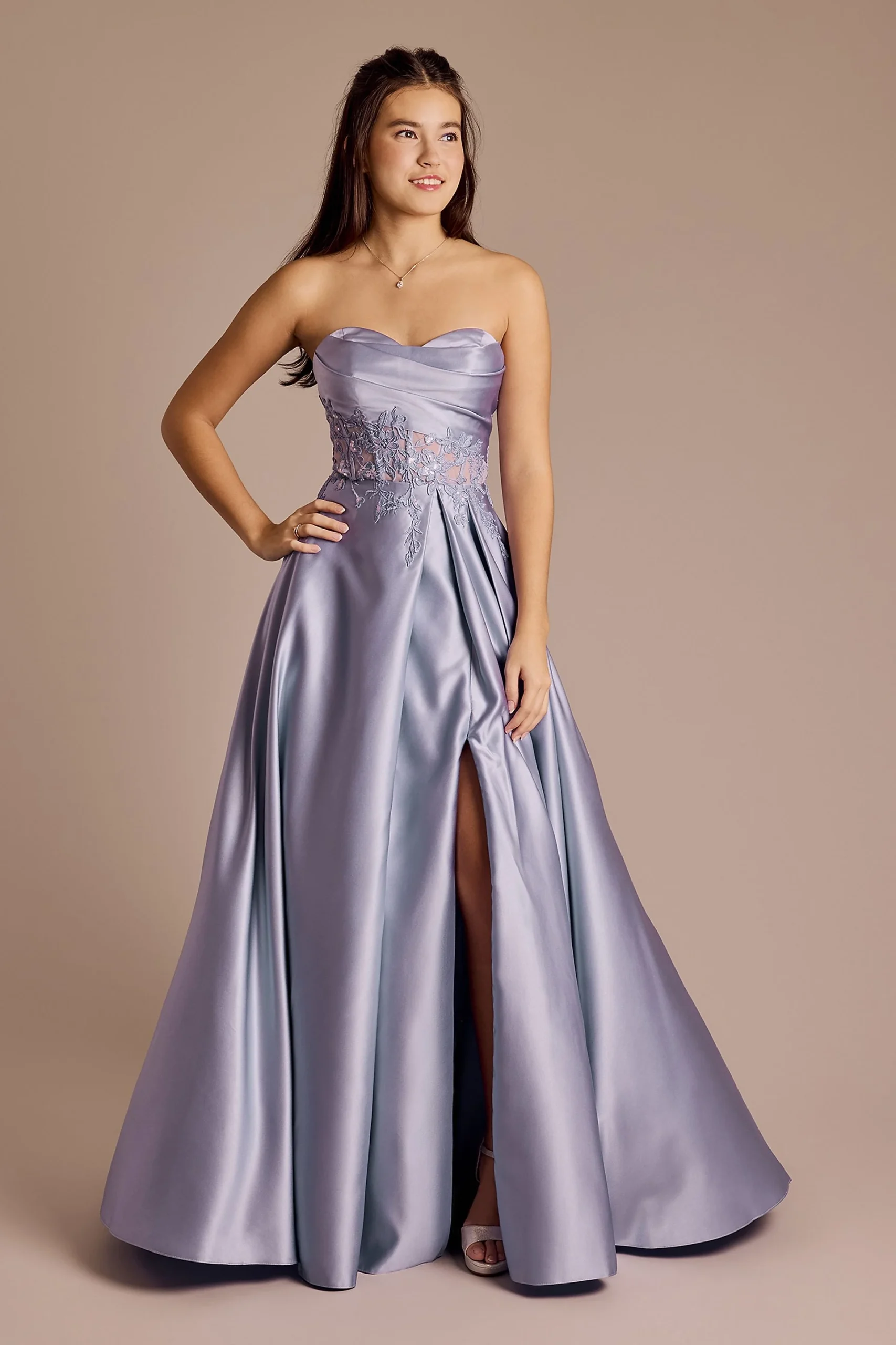 Draped Strapless Satin Appliqued Ball Gown