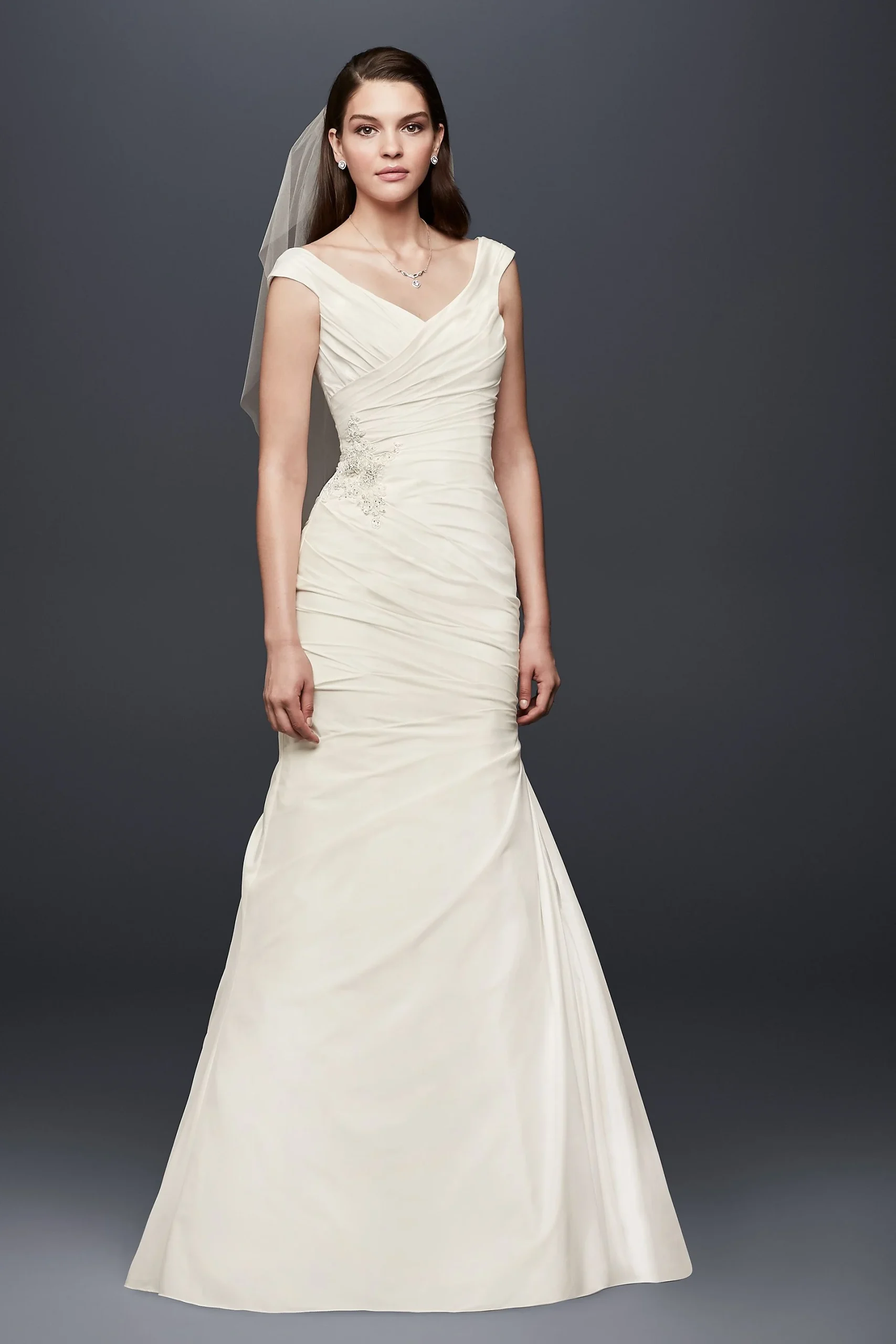 Draped Taffeta V-Neck Wedding Dress with Applique