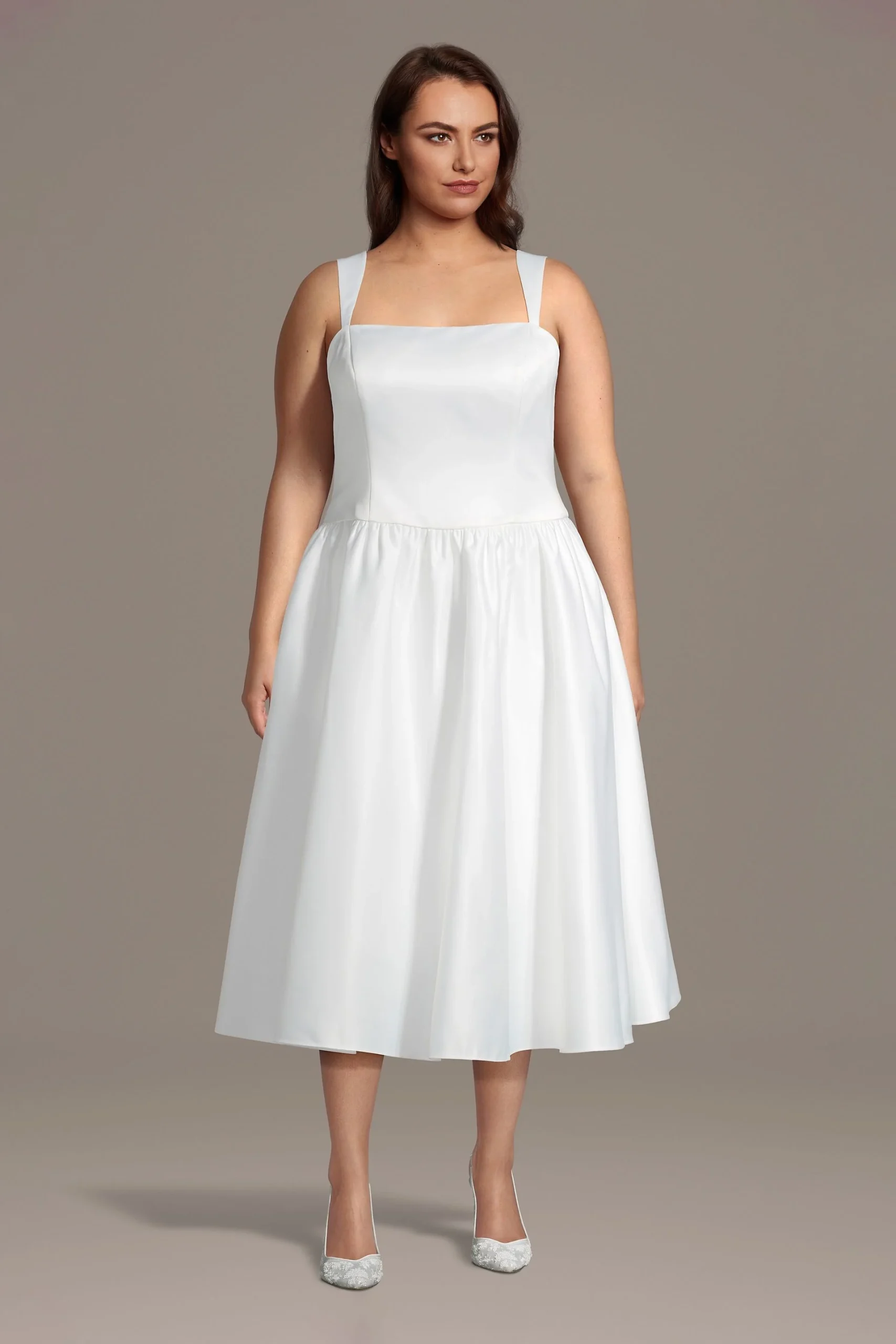 Drop Waist Satin Midi Dress with Tank Straps