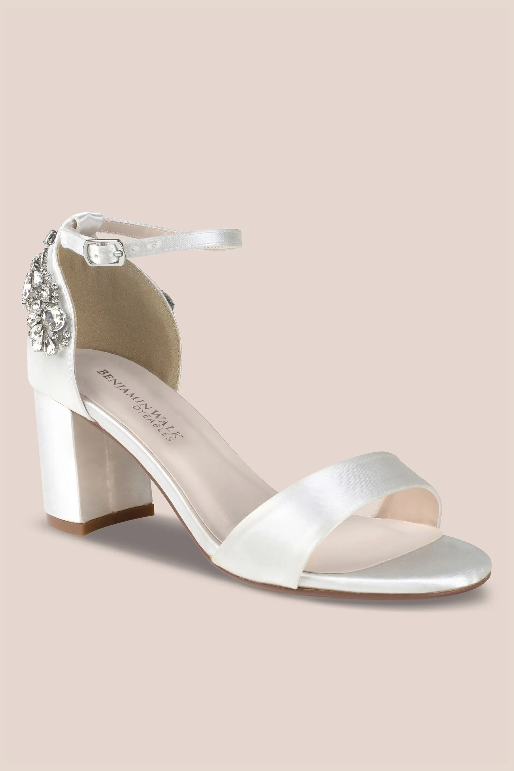 Dyeable Satin Block Heel Sandals with Jeweled Back