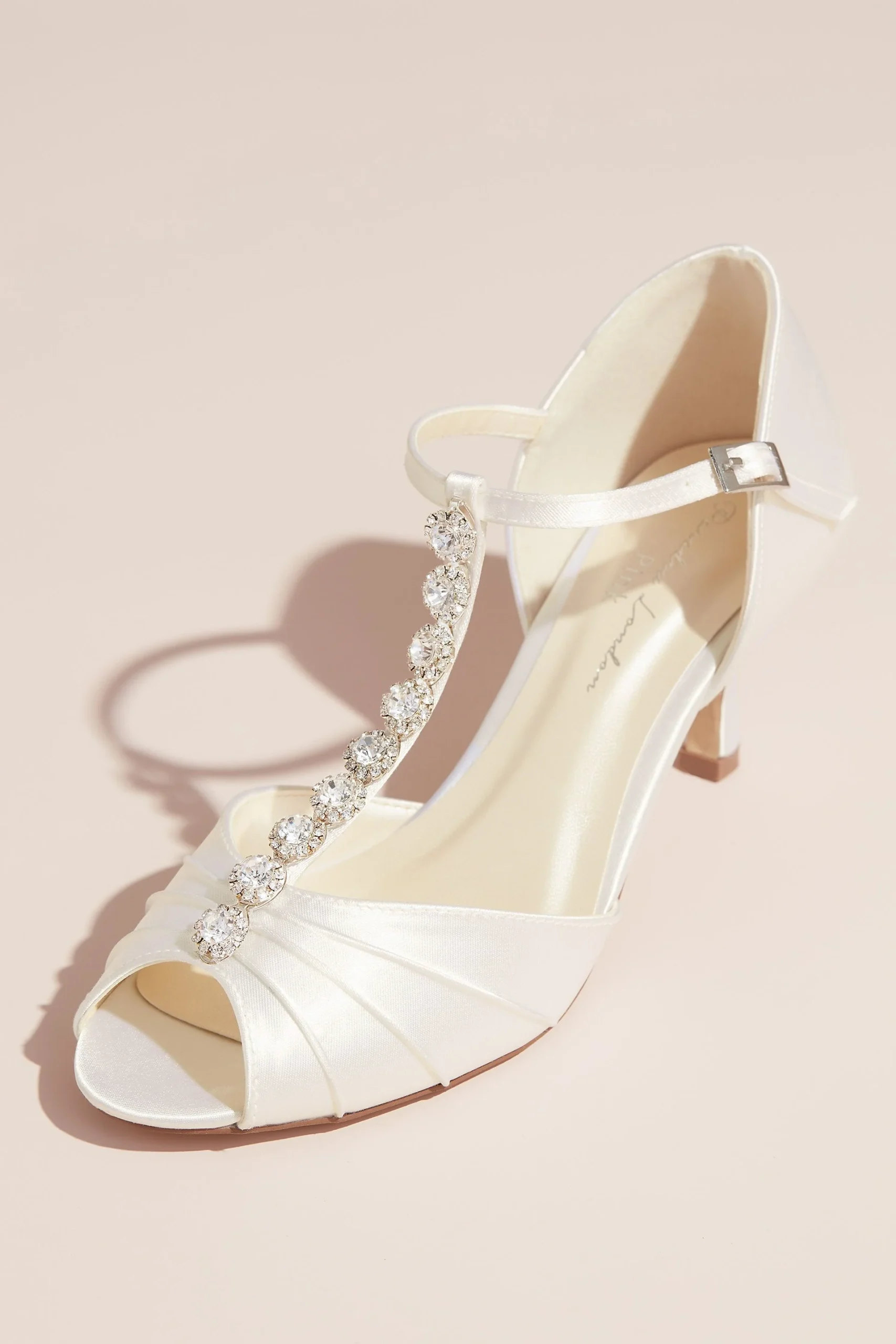 Dyeable Satin Peep Toe T-Strap Heels with Crystals