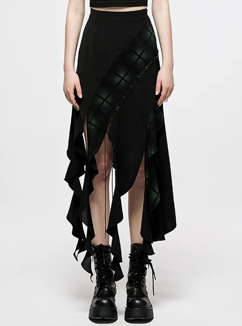 Elasticity Irregular Pleated Ruffle Design Dark Engraved Pendant Punk Long Skirt