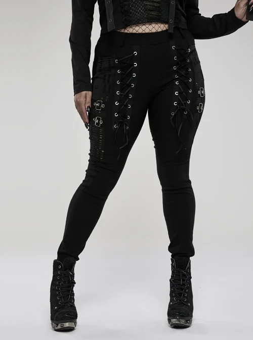 Elasticity Knitting Holes Design Cross Tied Rope Decoration Sexy Tight Punk Black Long Trousers