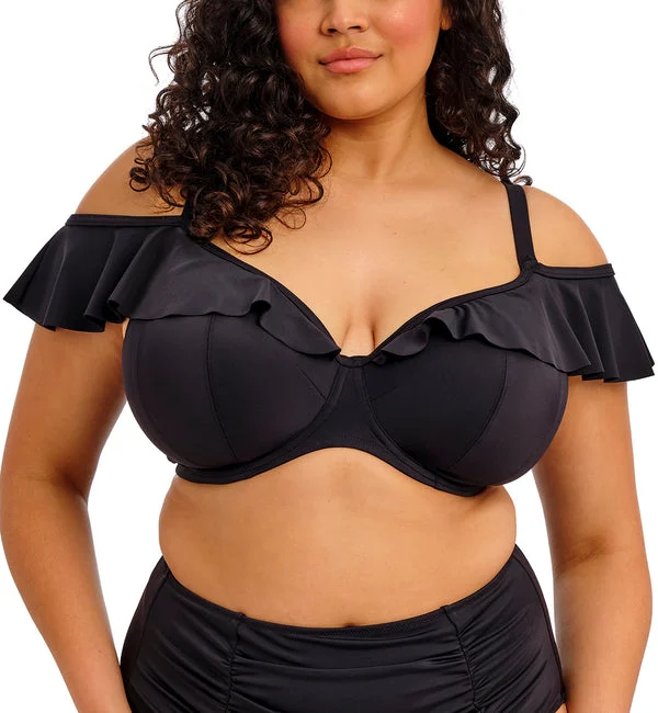 Elomi Plain Sailing Bardot Ruffle Underwire Plunge Bikini Top (ES7282) - Black