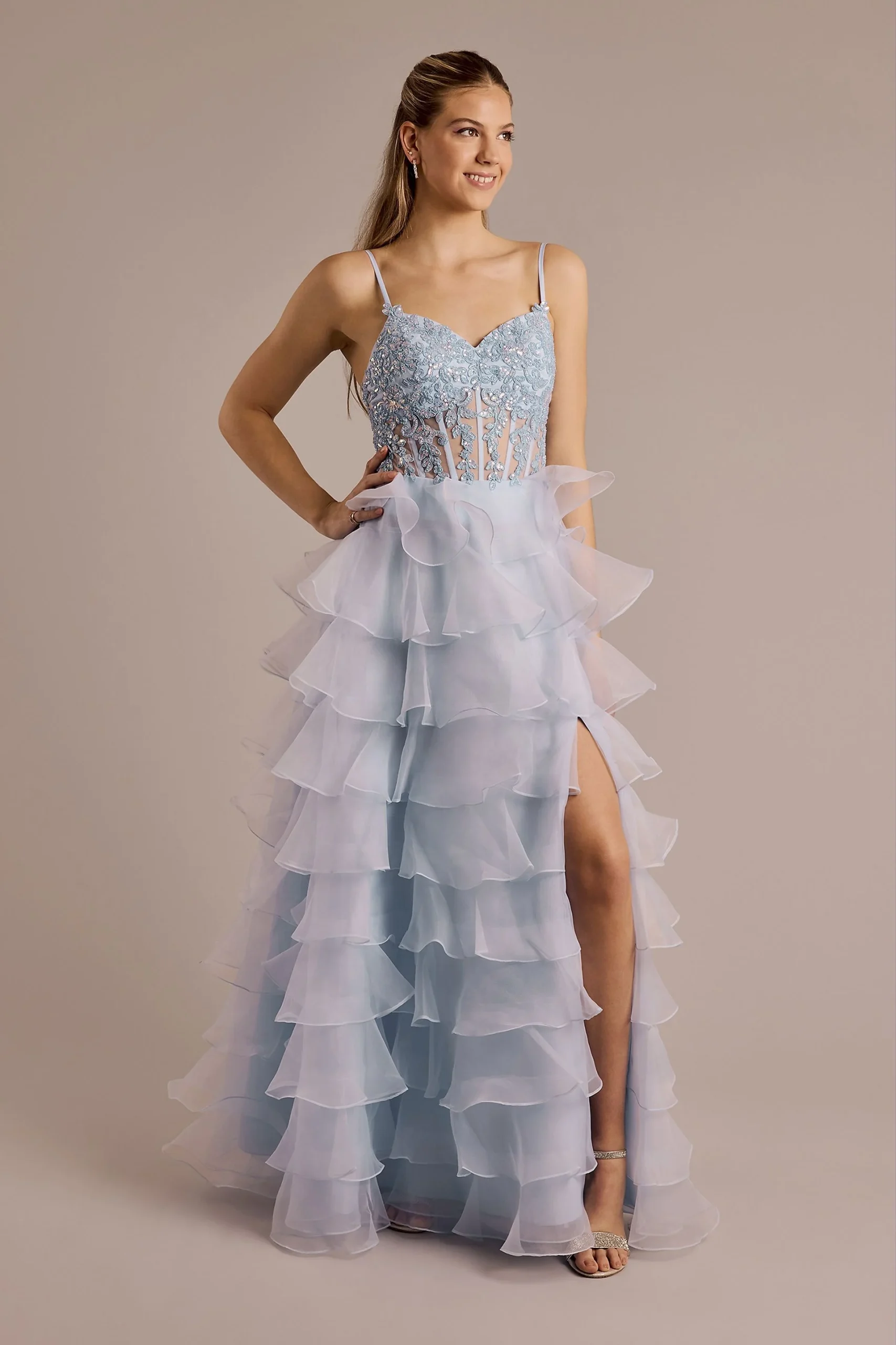 Embellished Bodice Ball Gown with Tiered Skirt